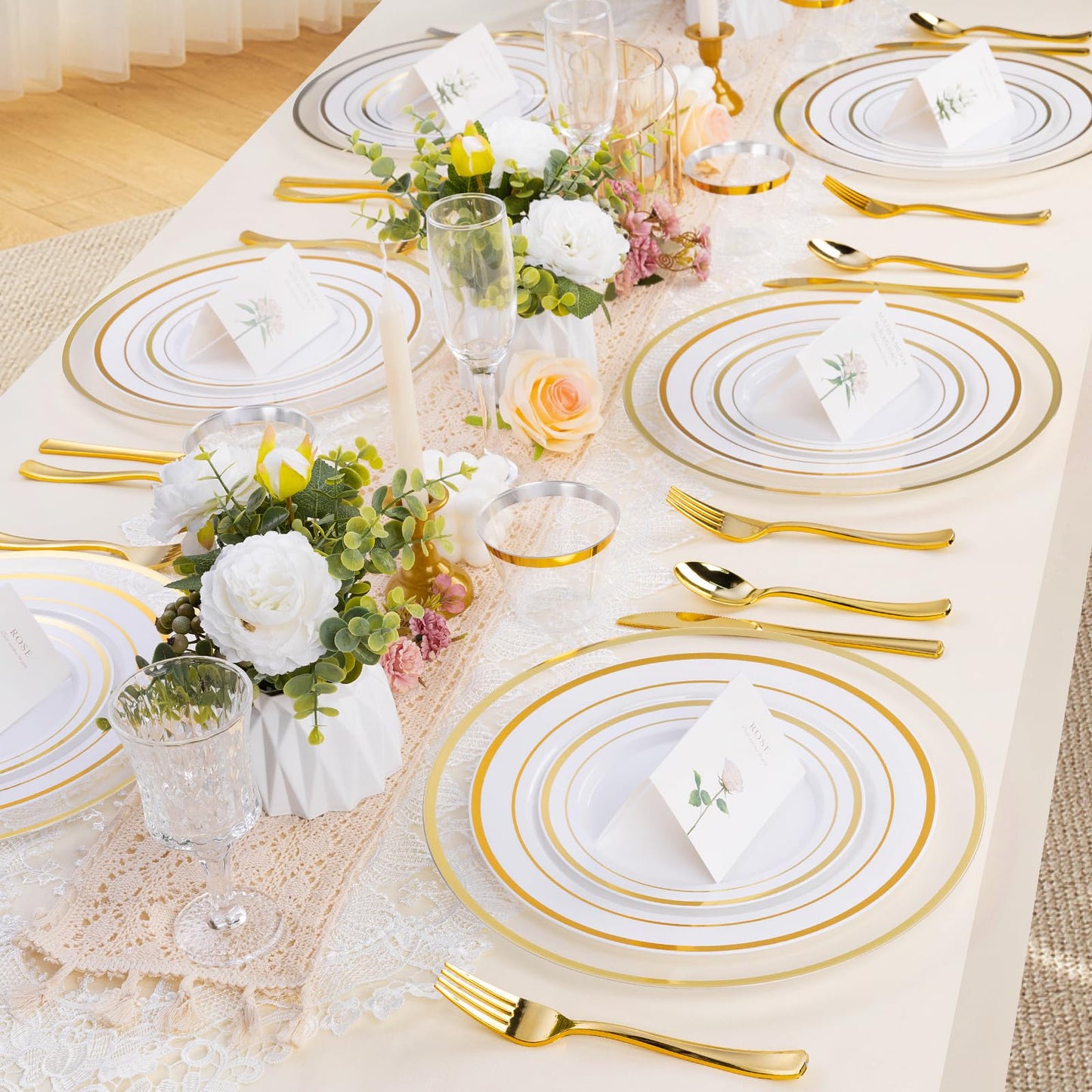 BESTSTAR 12 Inch Disposable Decor Charger Plates, 50 Pack Plastic Clear Plates with Gold Rim, Perfect Table Decor for Party, Wedding, Dinner