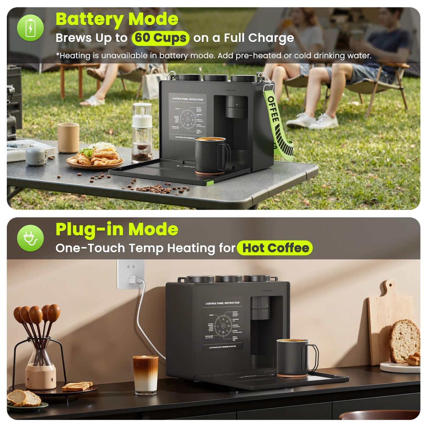 CANDY Portable Espresso Machine with Strap, 3 in 1 Coffee Maker, One-Touch Operation, Rechargeable Cold Brew Up to 60 Cups, for Ground, Ideal for Camping, RV & Outdoor, Home, Heating in Plug-in Mode