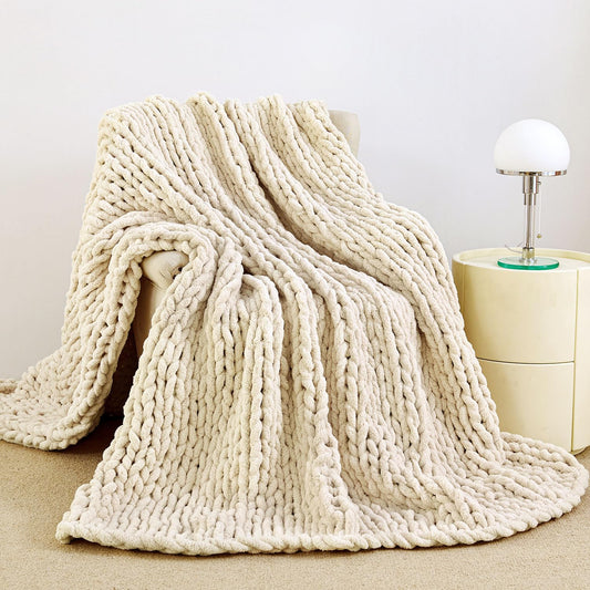Admitrack Chunky Knit Blanket Throw, 100% Hand Knit Chenille Throw Blanket for Sofa & Home Decor, Soft and Cozy Knitted Throw Blankets (Ivory, 60"x80")
