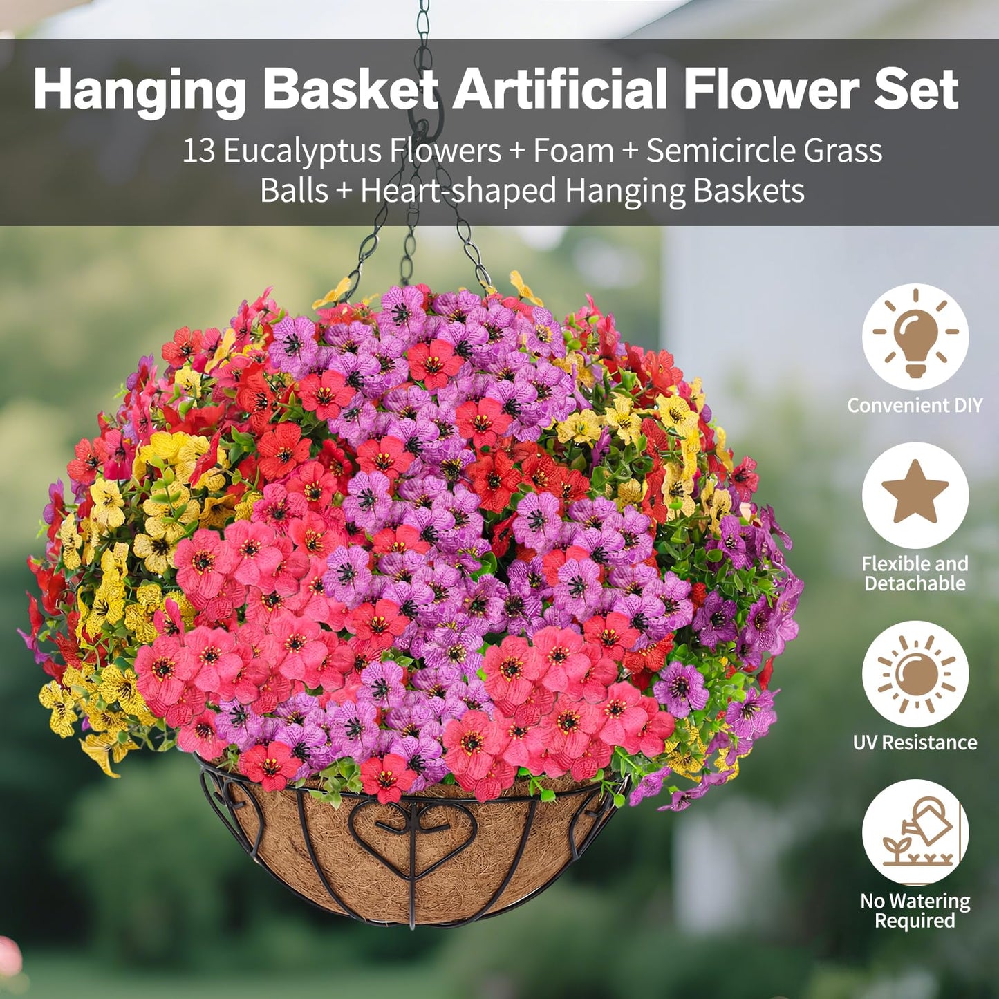 LetuoClips 2 Sets Artificial Hanging Flower for Outdoors, Fake Hanging Basket for Outside,2 Hanging Basket with 26 Pcs Faux Silk Flowers for Porch, Balcony and Patio Decor(Mixed)