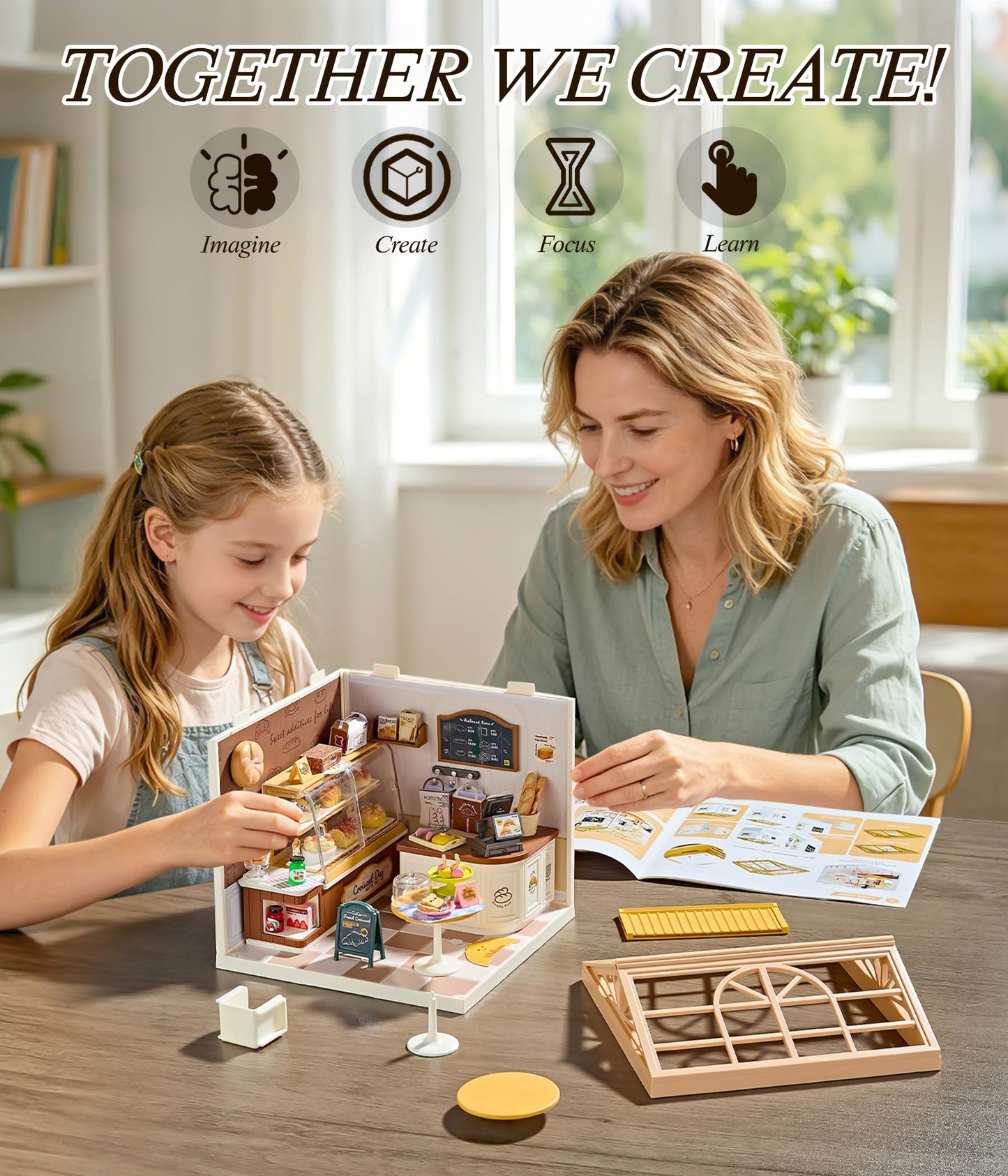 Tkmango Bread Shop DIY Miniature House Kit with Roof & LED Light, Stackable & Connectable Dollhouse Kit with Dustproof Door, Creative DIY Crafts Building Toy Gift for Adults Teens
