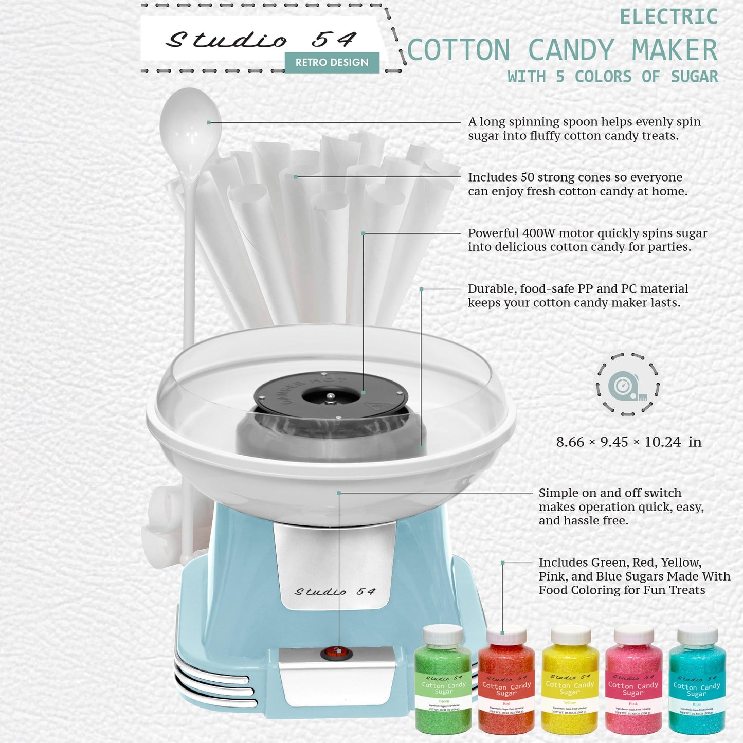 Studio 54 Retro Cotton Candy Machine with 5 Jars (11oz Each) Floss Sugar, 50 Paper Cones, Easy Cleanup Cotton Candy Maker, Durable Retro Design, Makes 20–30 Servings per Jar, BPA & Lead Free