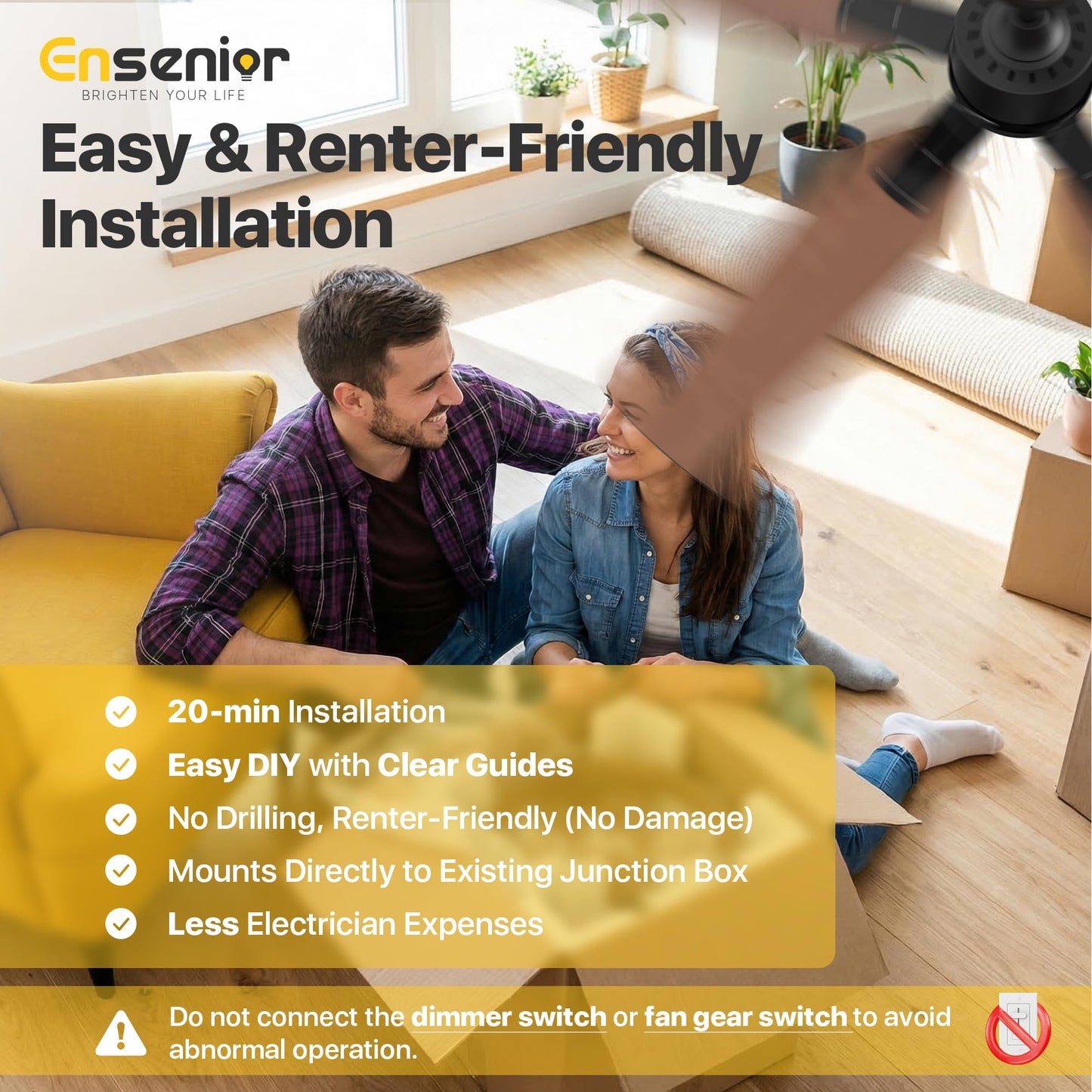 Ensenior 52 inch ceiling fan with light and remote, Noiseless Reversible DC Motor Fandelier Ceiling Fan, 6 Speeds, 3CCT, Black Modern Ceiling Fan for Bedroom and Living Room, 5 Dual-Finish Blades