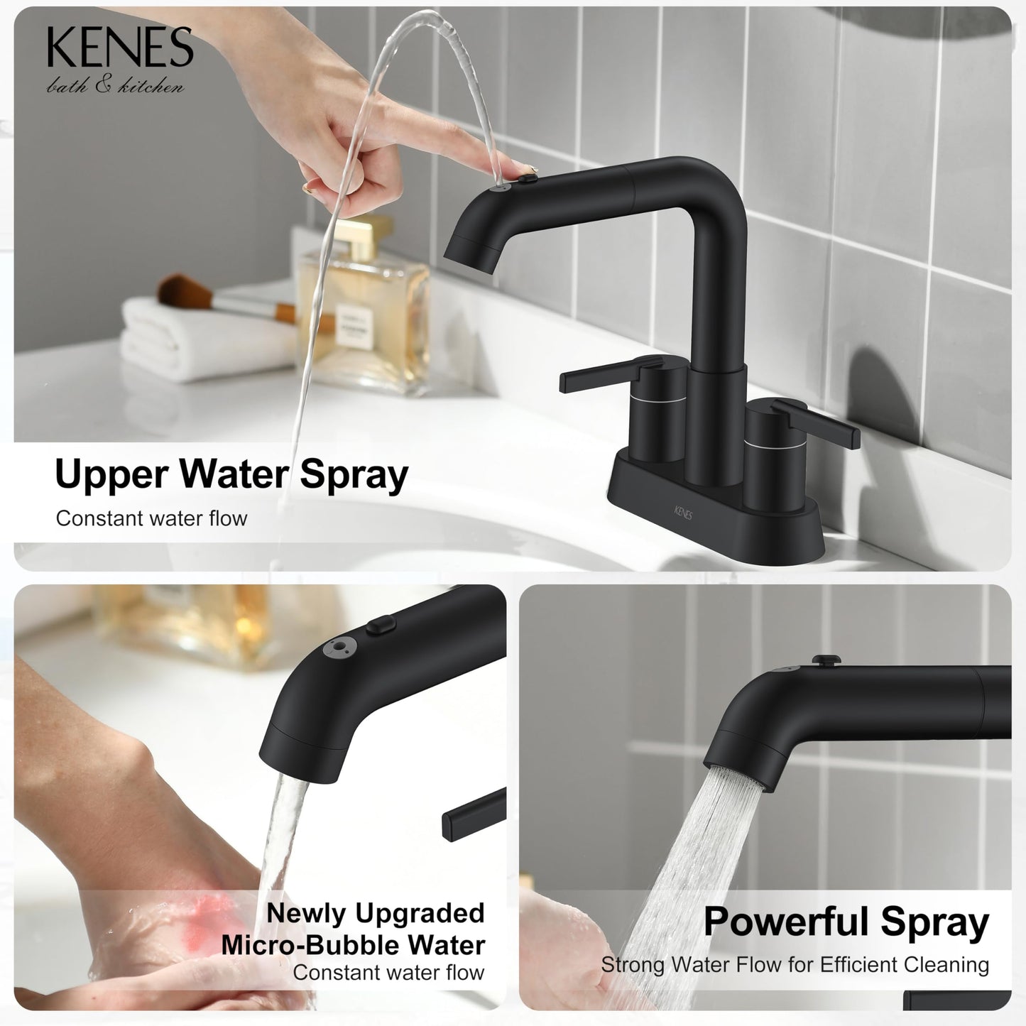 KENES Matte Black Centerset Bathroom Faucet with Pull Down Sprayer, 4 Inch 2 Handle Pull Out Bathroom Faucet 3 Hole, Bathroom Sink Faucet with Pop Up Drain & Supply Lines LJ-9059A-2