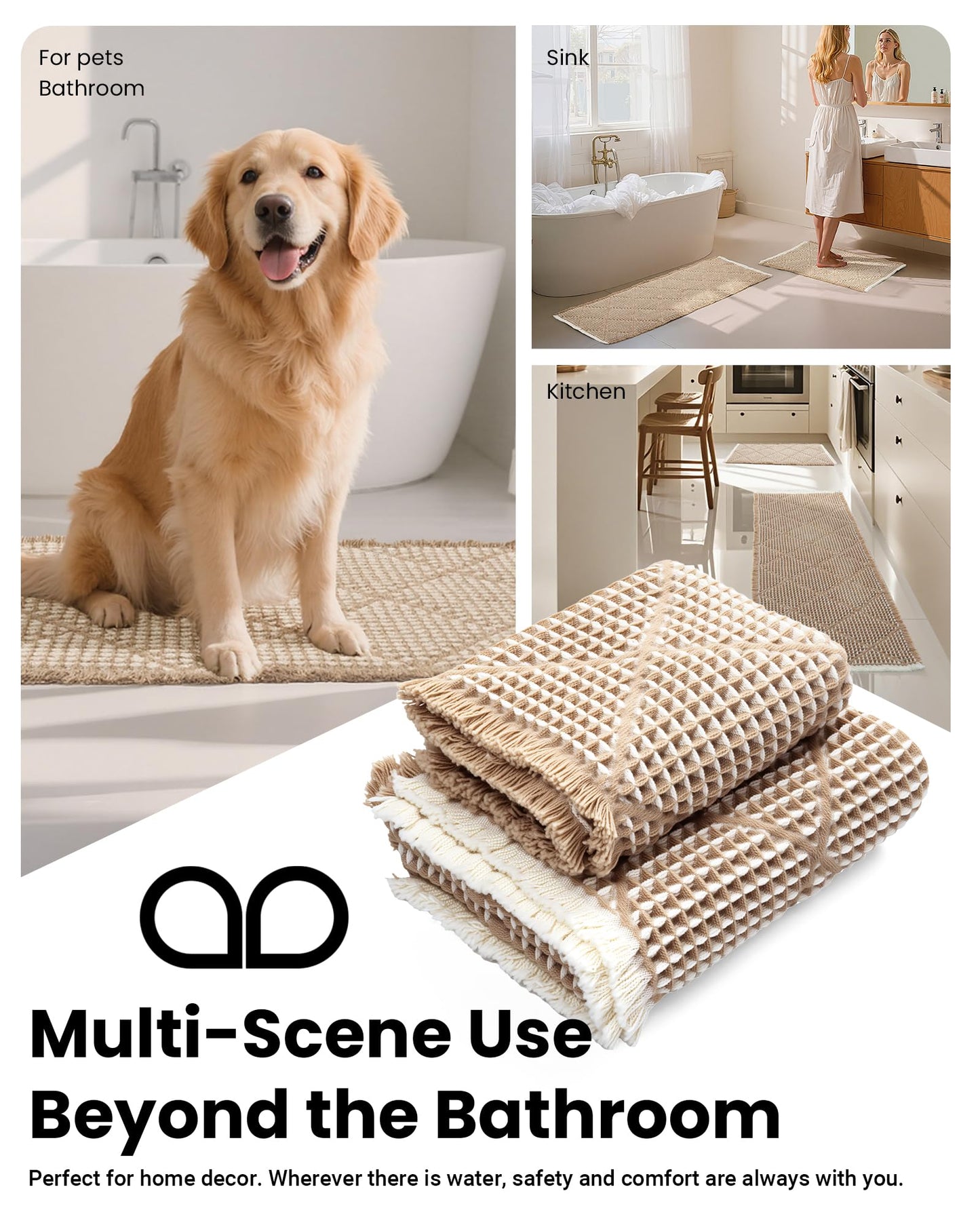 Furicher Waffle Bath Mat Set, Non Slip Bathroom Rugs Sets 2 Piece, Ultra Absorbent Long Bath Rug Runner for Bathroom Boho Chic Decor, Machine Washable Floor Mats, Brown & White, 20"×47" Plus 18"×30"