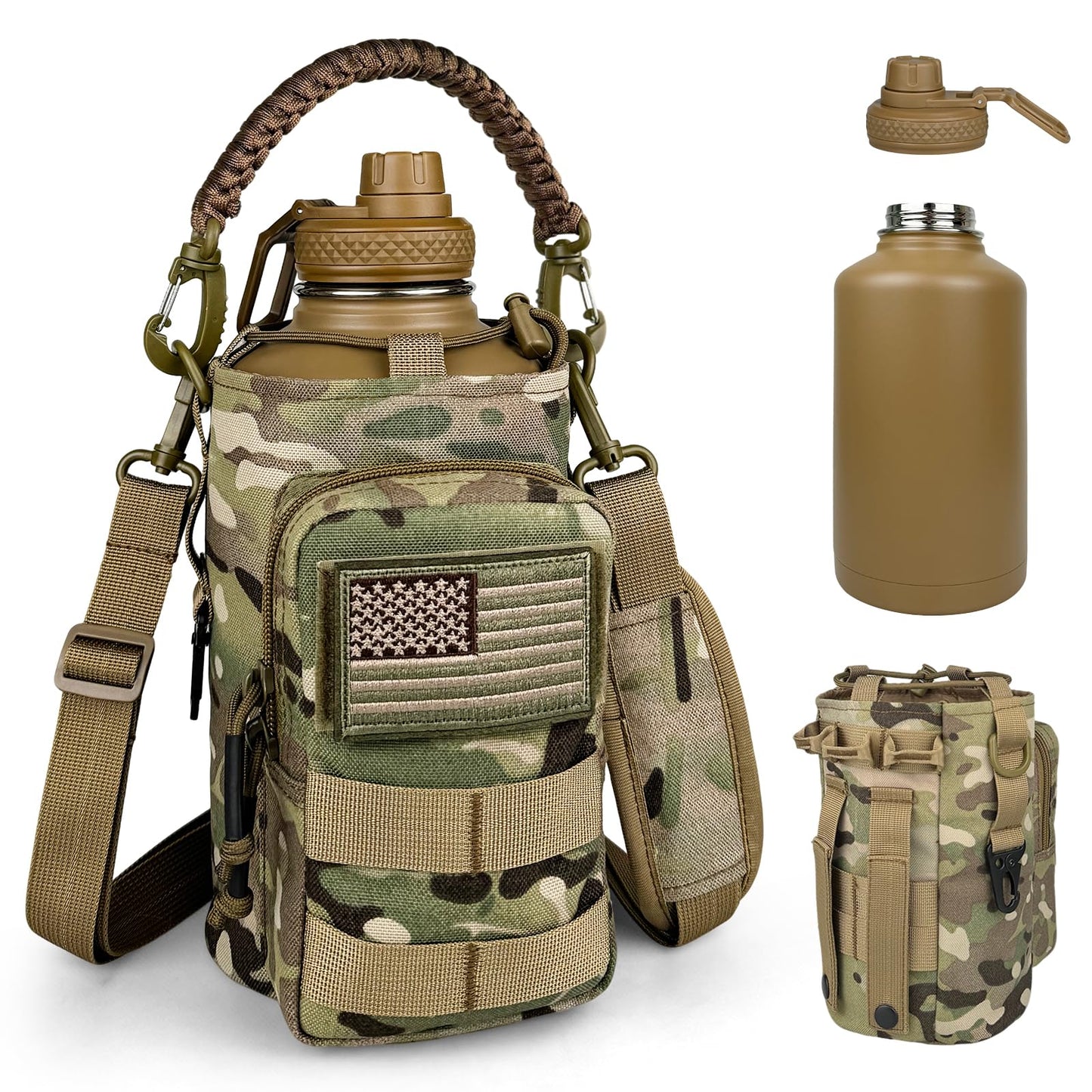 DEFUNX Half Gallon Water Bottle Insulated with Sleeve - Tactical 64 oz Stainless Steel Water Jug with MOLLE Water Bottle Pouch, Gym Water Bottles for Men Hiking Workout (CP Camo)