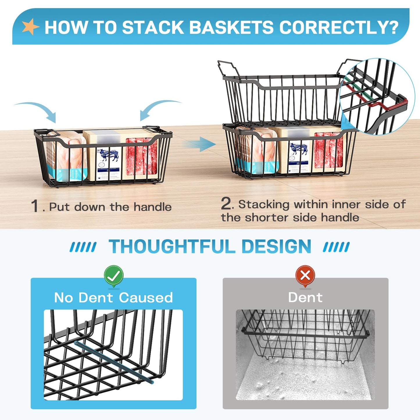 SUNALLY Freezer Organizer Bins, 8 Pack Stackable Chest Freezer Organizer for 5-7 Cu.FT Deep Freezer Sort Frozen Meats and Food, Freezer Storage Baskets with Handles Easy Reach from Bottom, Black