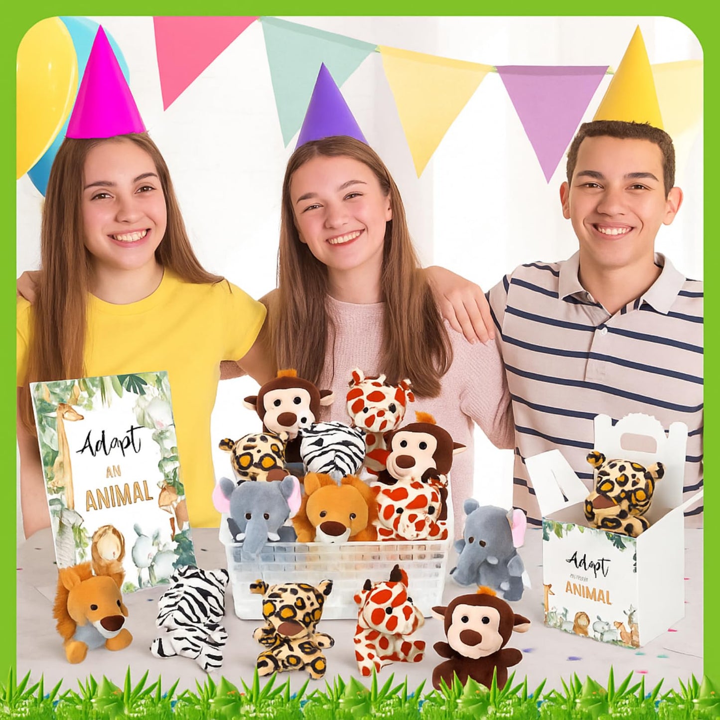 Vinsot 39 Pcs Mini Safari Stuffed Animals Set 18 Small Jungle Forest Animal Plush Toys 18 Kraft Paper Boxes Acrylic Sign Plastic Basket Adopt an Animal Favors for Birthday Supplies Gifts
