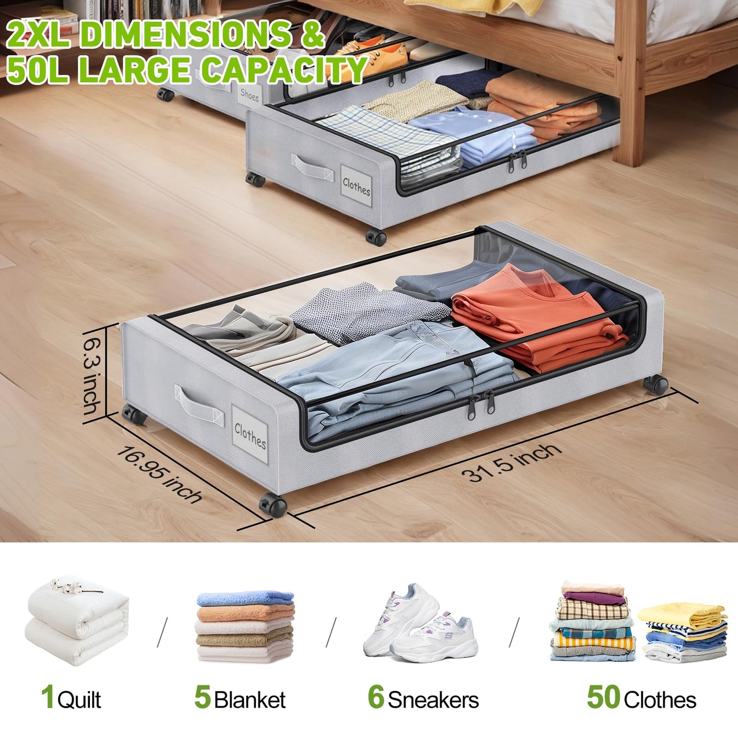 Molutsody Under Bed Storage with Wheels, 2-Pack Underbed Storage Containers with Clear Lids, Under Bed Shoe Storage Organizer Bins, Rolling Under Bed Storage for Clothes Shoes Blankets (Grey)