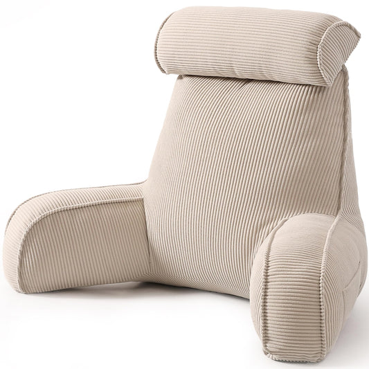 Ailuteie Reading Pillow for Sitting Up in Bed, Corduroy Backrest Pillow with Arms, Side Pocket & Washable Cover, Bed Rest Pillow Back Support for Adults, Beige Gray
