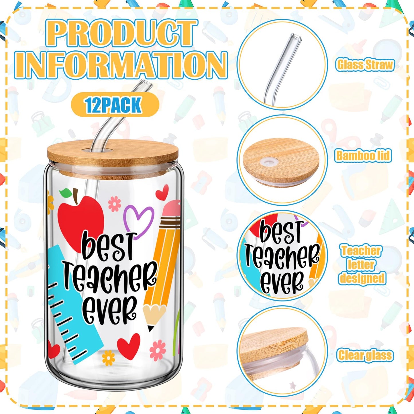 Yetene 12 Sets End of Year Teacher Gifts Bulk 2026 Teacher Appreciation Glass Cup with Lid and Straw 16 oz Apple Crayon Pencil Iced Coffee Tumbler Thank You Gifts for Daycare Preschool Graduation