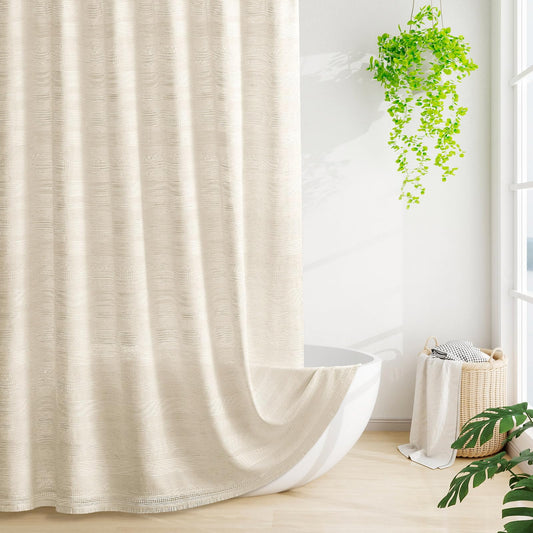 Craidlela Extra Long Boho Farmhouse Shower Curtain with Tassel, Linen Bohemian French Country Chic Bathroom Shower Curtain Set, Modern Striped Textured Shower Curtain 72x84 - Beige/Cream