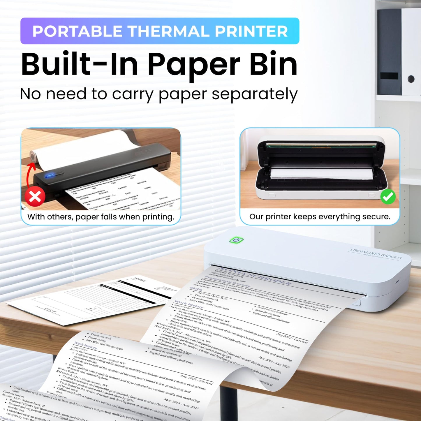 2025 Inkless Portable Printer Wireless for Travel, Bluetooth Thermal Printer Supports 8.5x11 US Letter, Compatible with iOS, Android, MAC, Windows for Office, Car and Home, w/Case+ 3 thermal rolls Kit