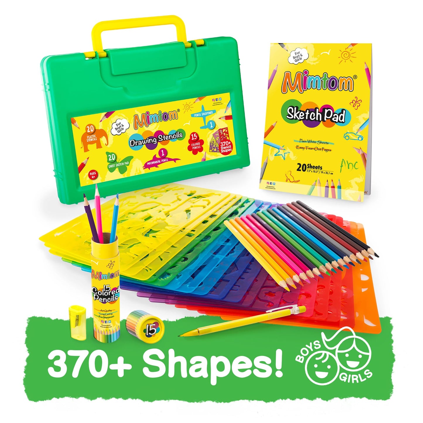 Mimtom Drawing Stencils Kit for Kids | 20 PC Stencil Set with 370+ Shapes Animals, Dinosaurs, Flowers, Letters & Numbers | 15 Colored Pencils, Pencil Sharpener, Sketch Pad & Carrying Case