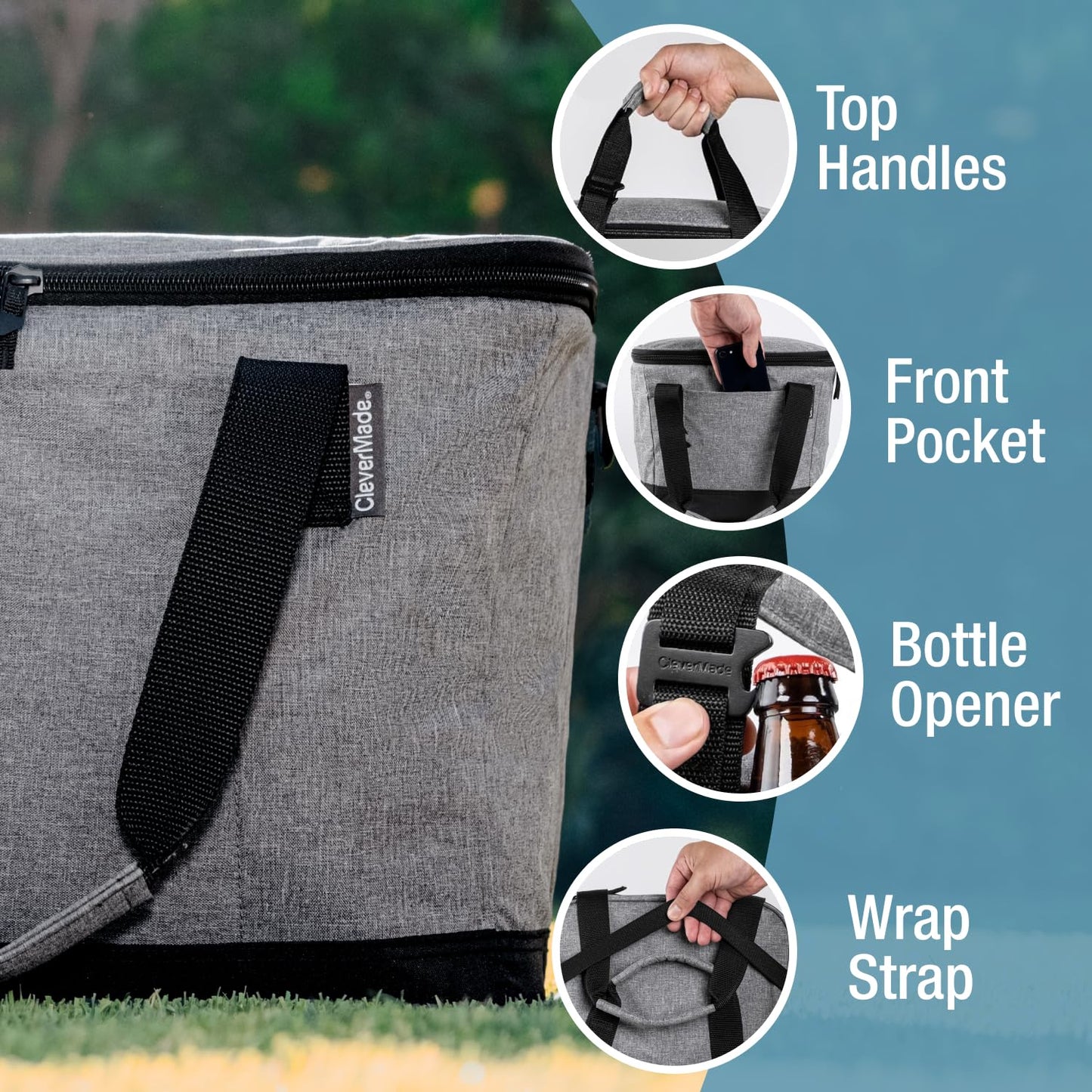CleverMade Tahoe Collapsible Cooler Bag – Large Portable Cooler Bag for Travel, Foldable Insulated Cooler for Beach, Picnic & Tailgating, Holds Up to 50 Cans, Leakproof Soft Carry Cooler