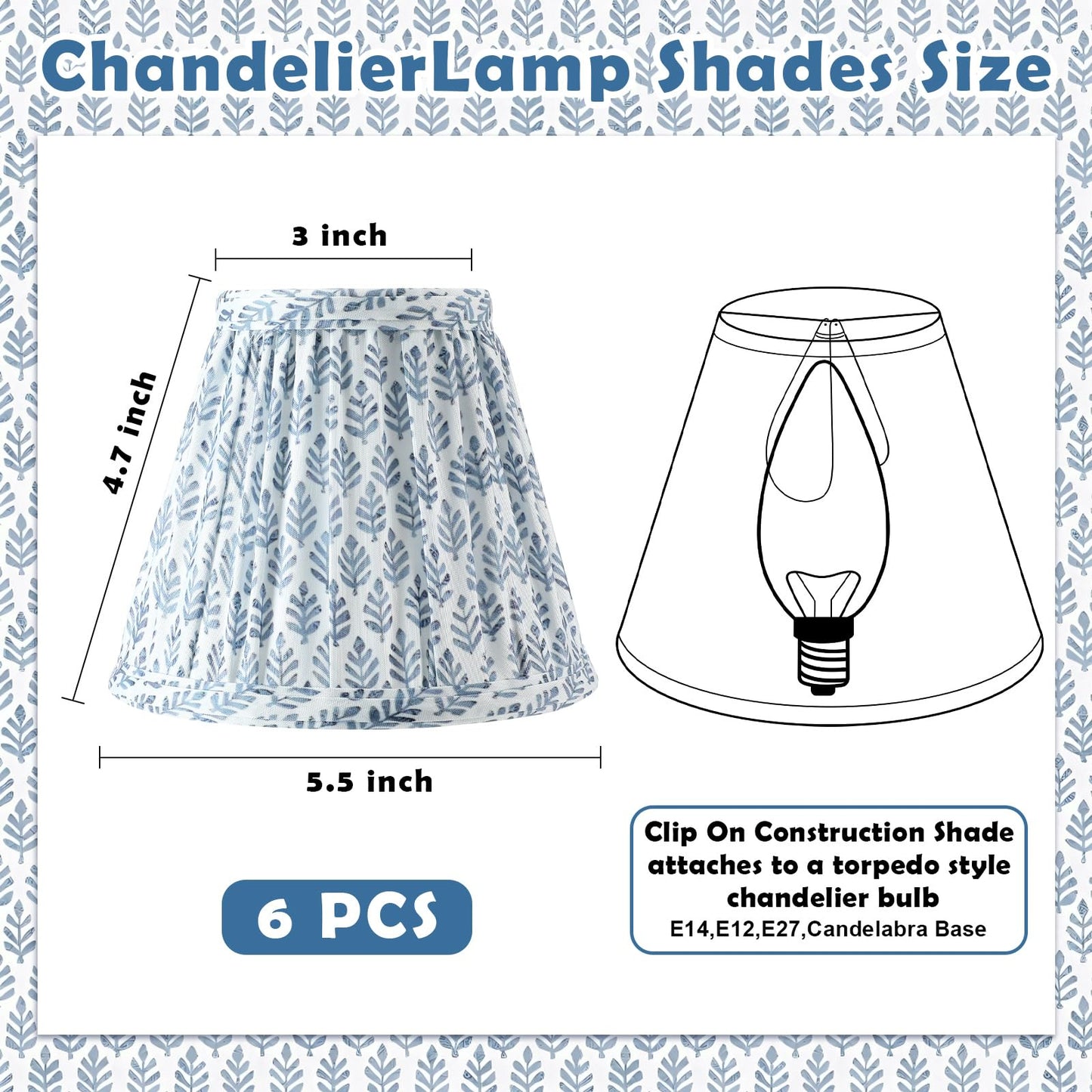 VIHOSE 6 Pcs Pleated Chandelier Lamp Shades 3" Top x 5.5" Bottom x 4.7" Slant Small Lampshades Clip on Bulb Classic Pleated Style Bulb Covers for Wall Sconces Pendant Lighting (Blue Tree)