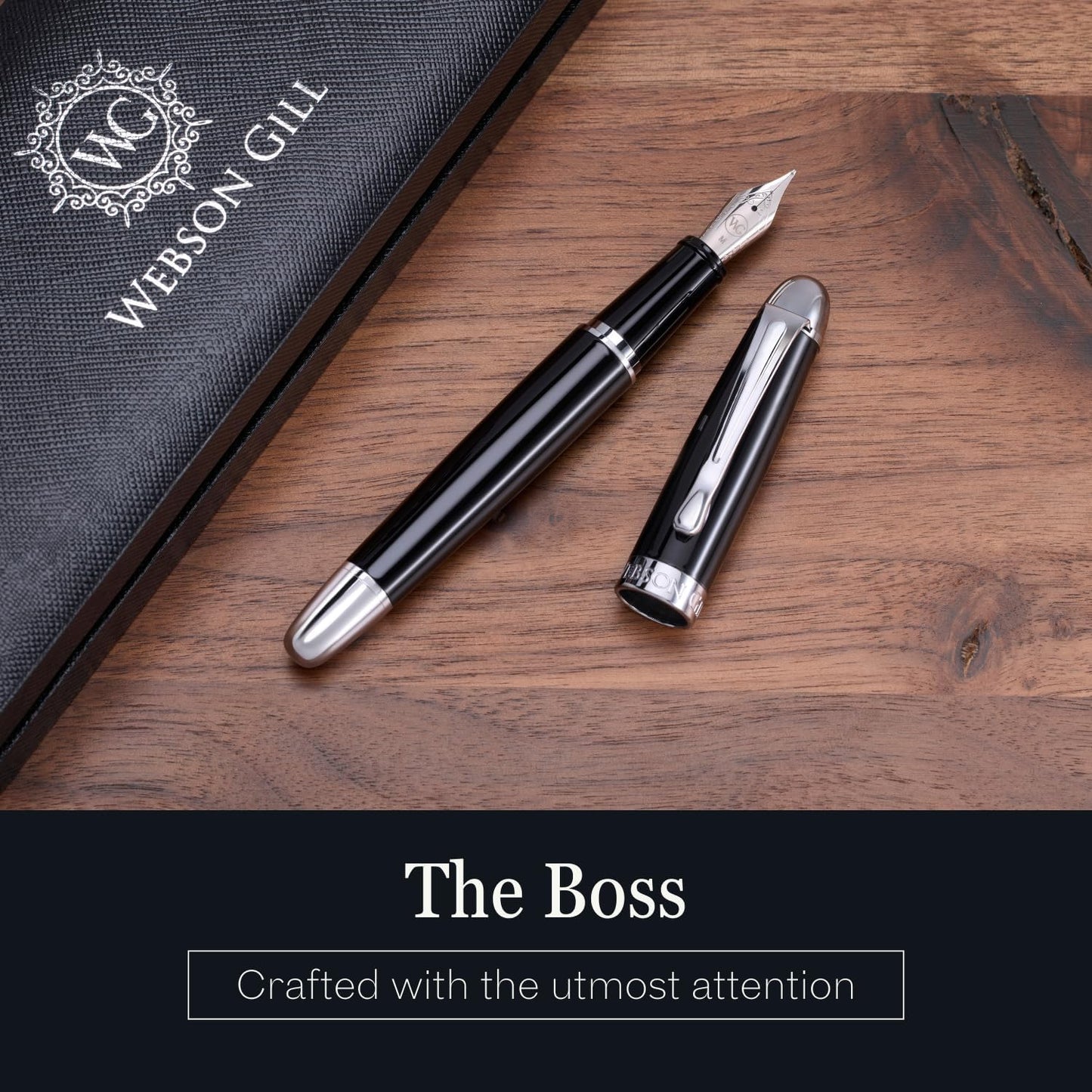 'The Boss' Black Executive Fountain Pen, Ultra Smooth Polished Resin, Premium Chrome Accents, Steel Nib, Easy Refill Ink Piston Converter, No Bleed No Smudge, Fits Our Instant Insert Ink Cartridges