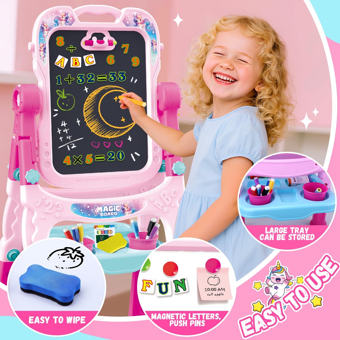 Art Easel for Kids - Adjustable Double-Sided Rotatable Magnetic White Board with Painting Accessories, Preschool Learning Toy for Girls 3-5 Years Old,Ideal Christmas Birthday Gift (Pink)