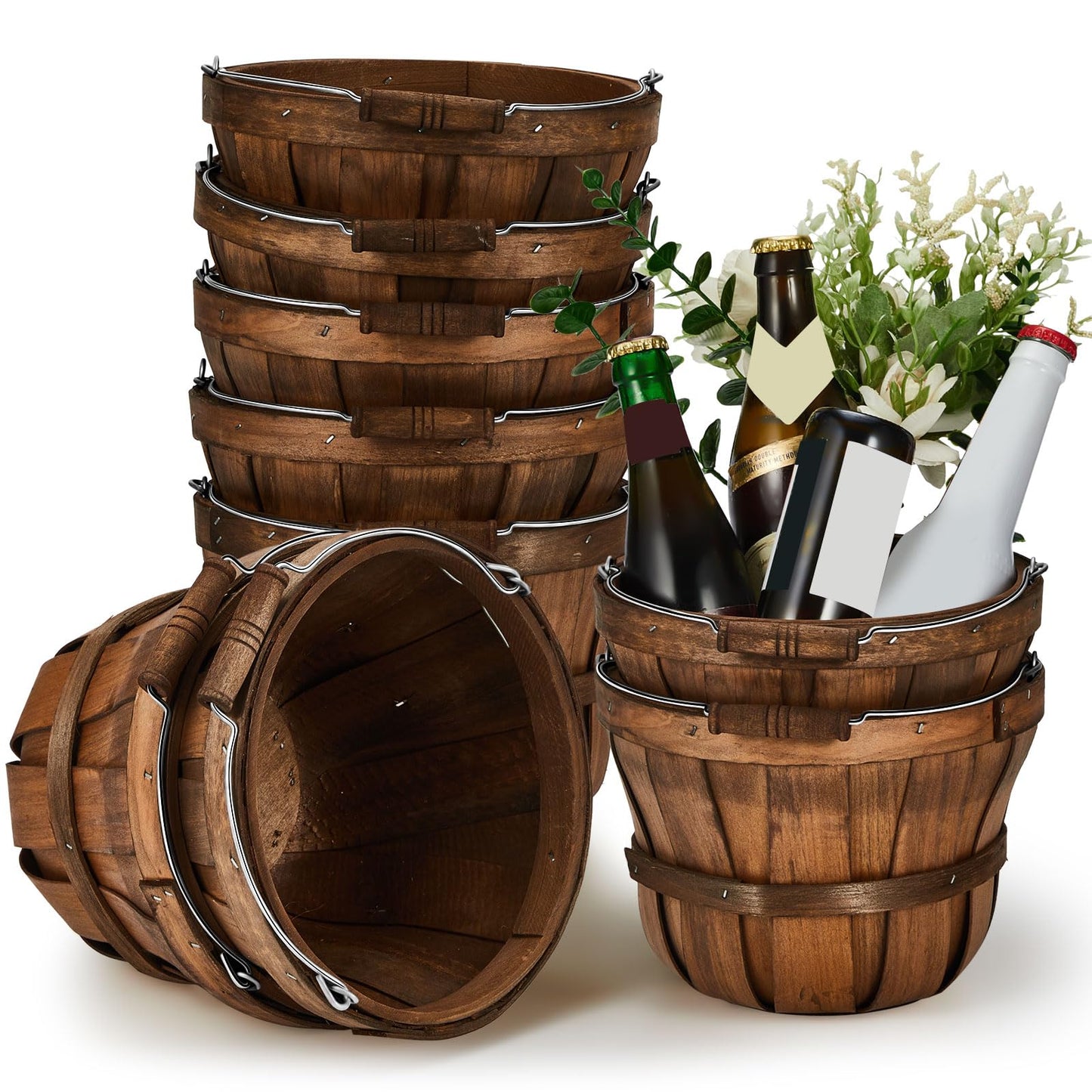 Marsui 10 Pcs 5.9 x 7.5'' Round Wooden Baskets Easter Portable Wood Fruit Buckets with Handles Garden Harvest Basket Fruits Vegetables Storage Container Party Supplies(Dark Brown)