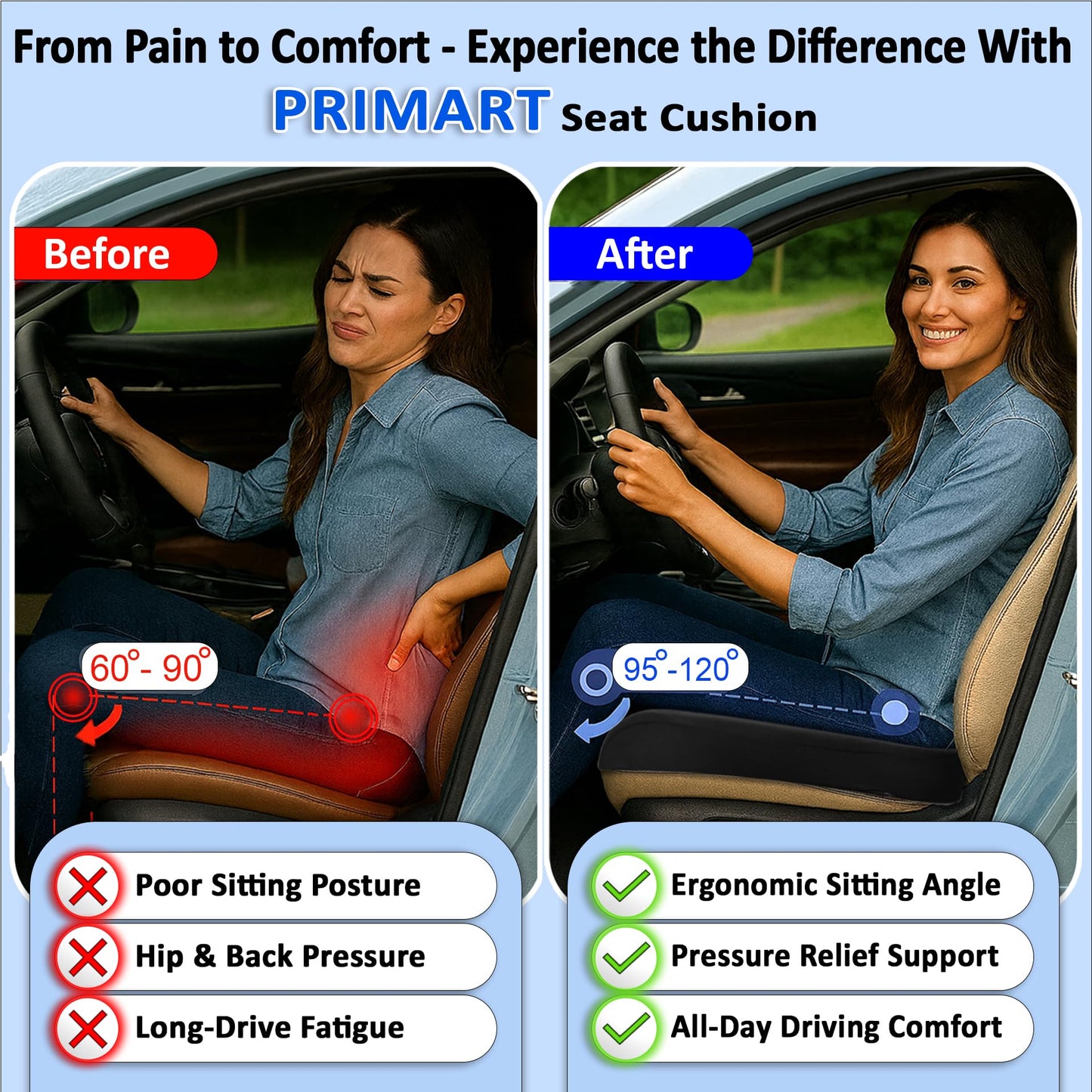 Memory Foam Seat Cushion, Ergonomic Office Chair Cushion for Back, Coccyx, Sciatica & Tailbone Pain Relief and Pressure Relief – Ideal for Car Seat, Wheelchair, Stadium & Recliner, Extra Cover (Gray)