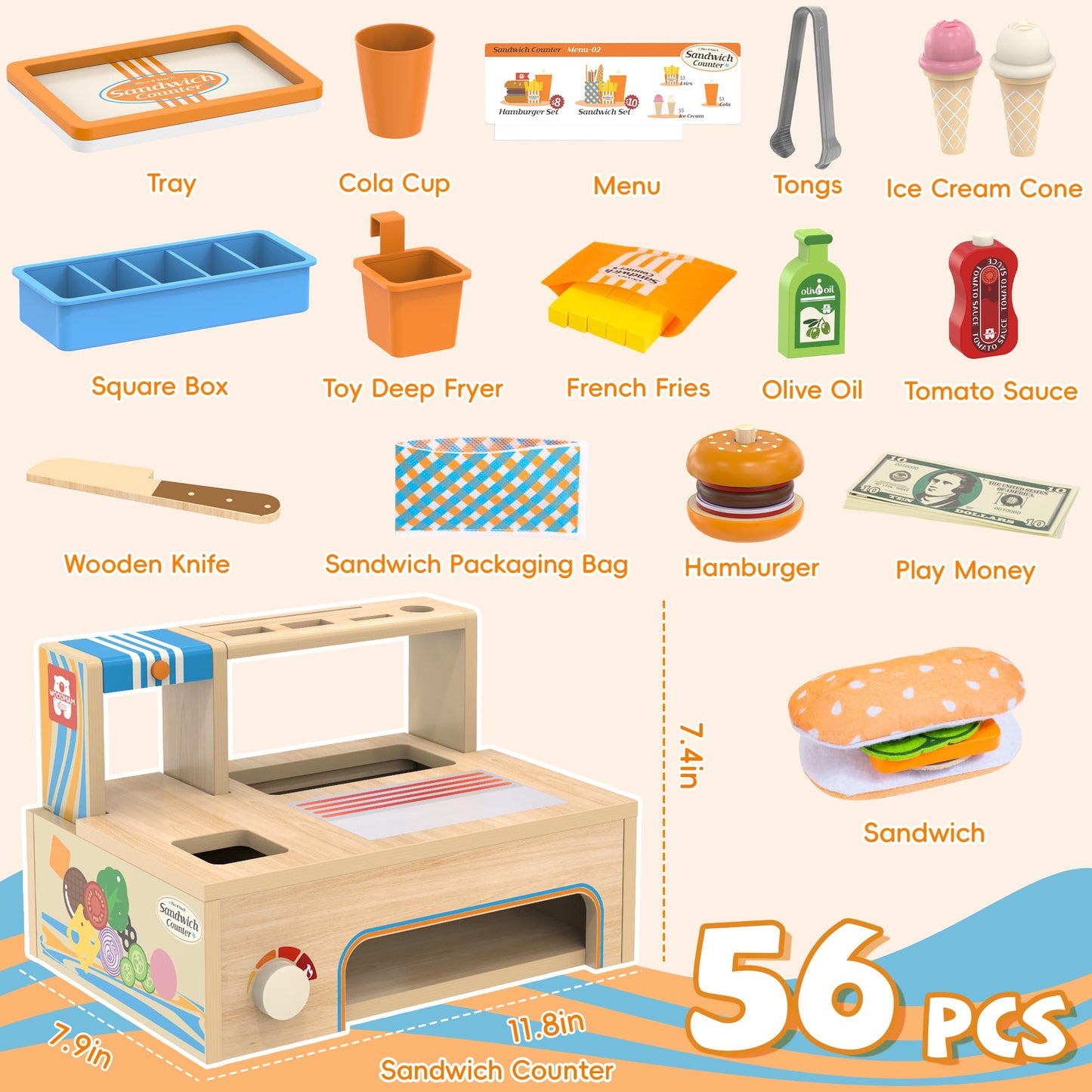 Wooden Play Food Sets Sandwich Counter, 56 Pcs Foldable Pretend Play Kitchen Food Toy with Burger, Ice Cream, Fries, Play Money & Menu, Kids Play Store Boys Girls Birthday Gift for Toddlers Ages 3+