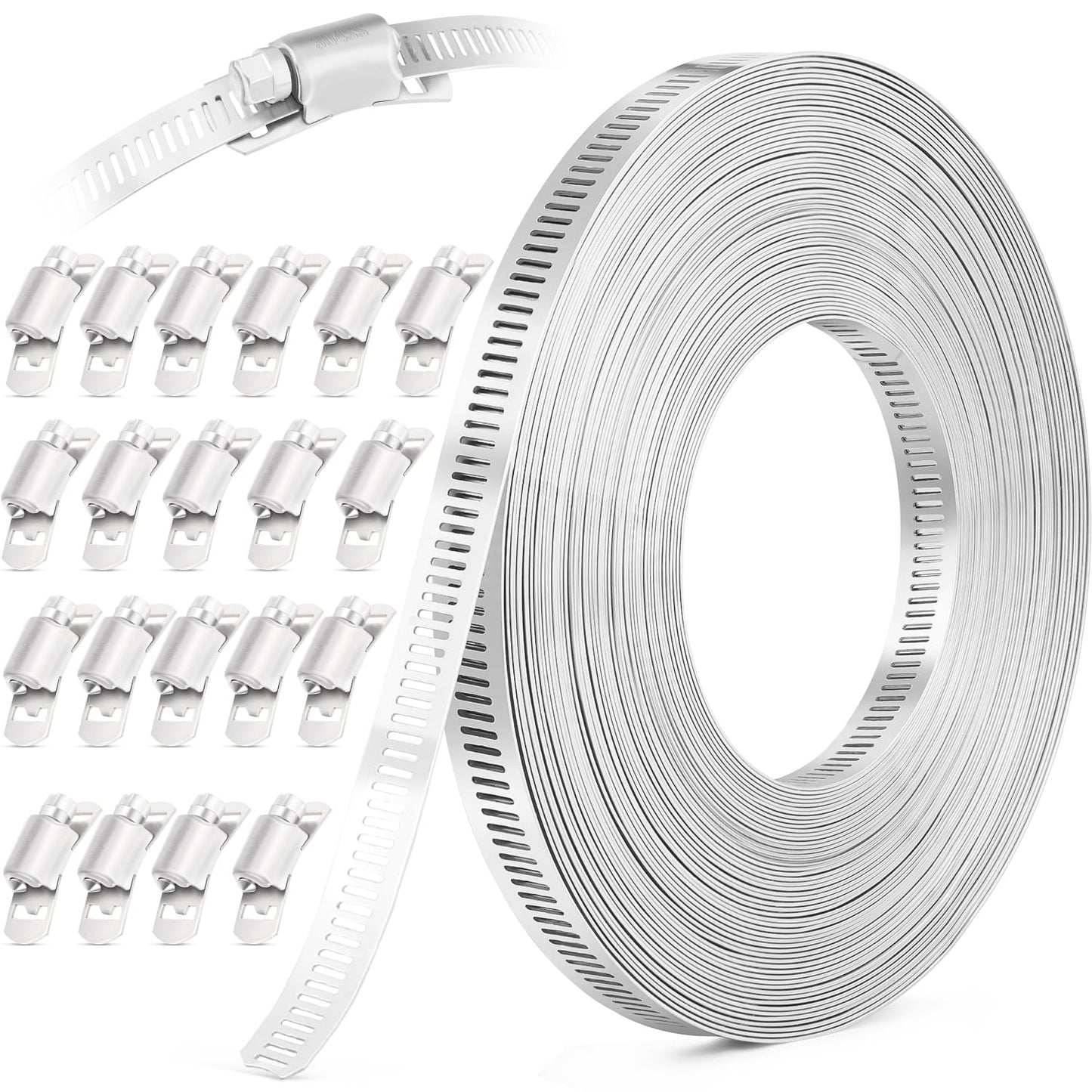 OURU 50FT Hose Clamps,304 Stainless Steel Hose Clamp Assortment Kit DIY Metal Strapping with Holes+20 Fasteners,Adjustable Worm Gear Large Hose Clamps Metal Band Screw Clamp Straps for Pipe,Duct,Tube