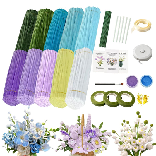 1000PCS Pipe Cleaner Flowers Craft Kit, 7 Vibrant Colors Chenille Stems, Complete Flower Bouquet Making Set with Step-by-Step Tutorials, Great for DIY and Home Decor (1000 PCS)