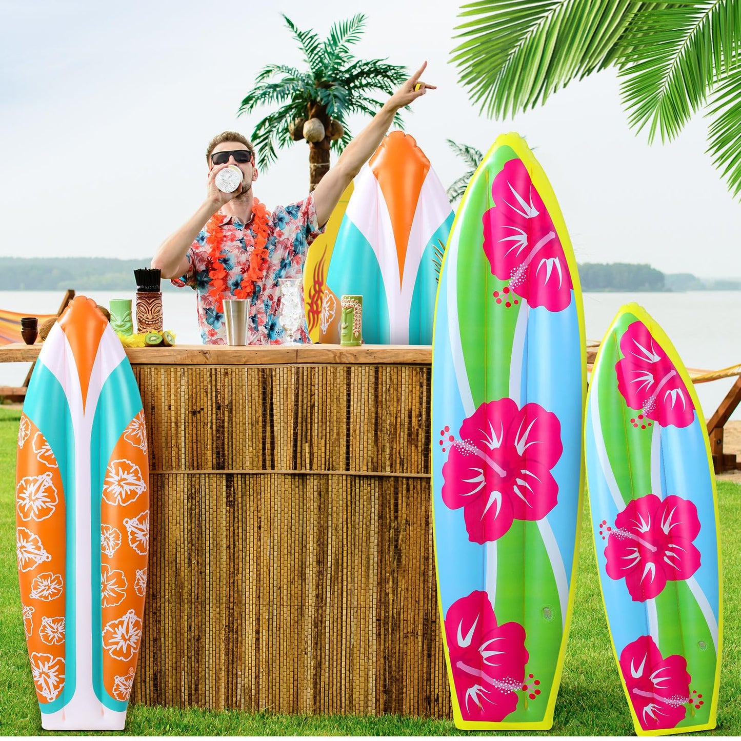 JellyArch 4 Pcs Inflatable Surf Board Inflatable 36 Inch59 Inch Tropical Beach Luau Party Decorations Blow up Surfboard Pool Floats Board for Beach Hawaiian Party Decorations