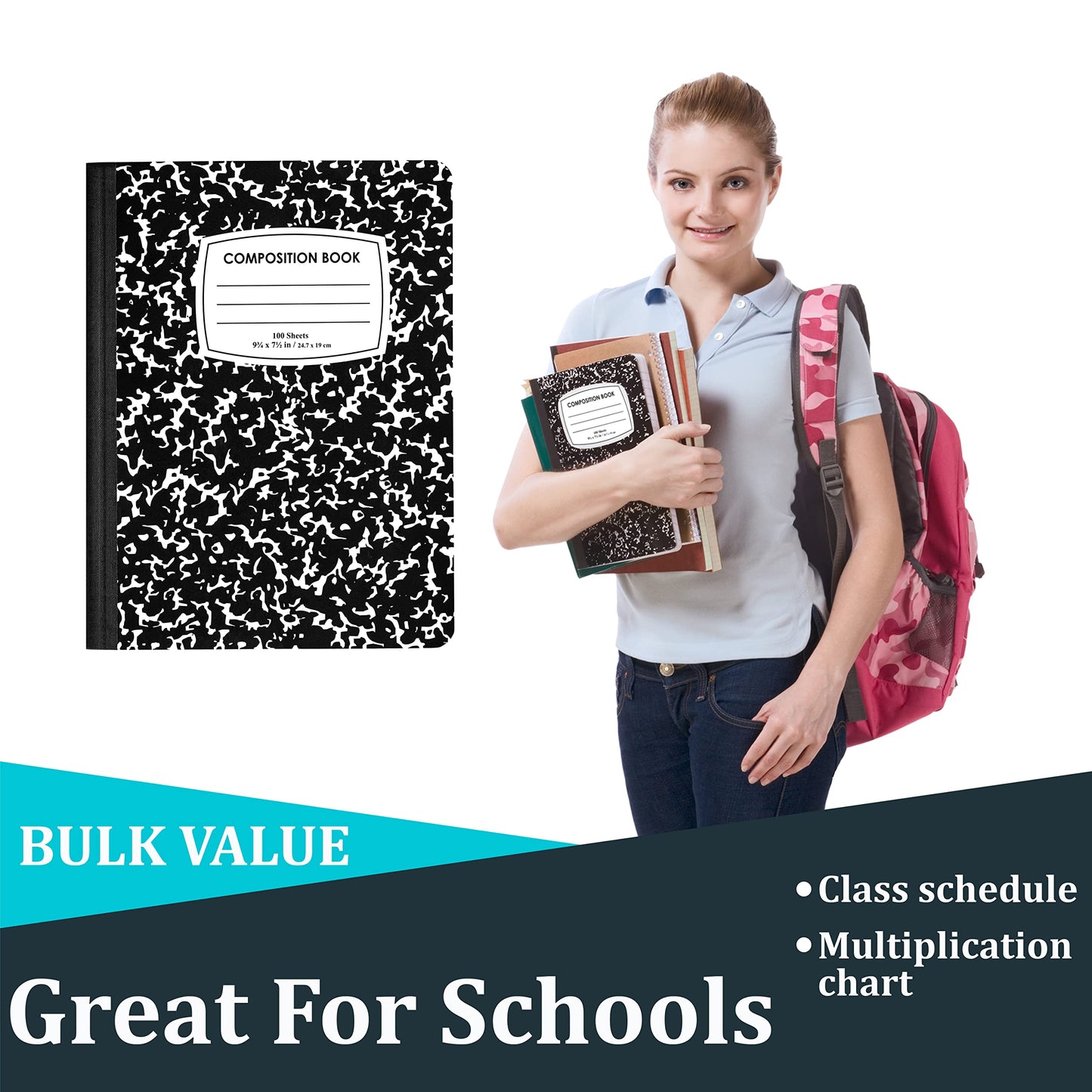 VEEBOOST Composition Notebook Wide Ruled Marble Composition Notebooks Bulk Wide Ruled Notebooks for School 9.75 x 7.5” 200 Pages 100 Sheets (48 Pack)
