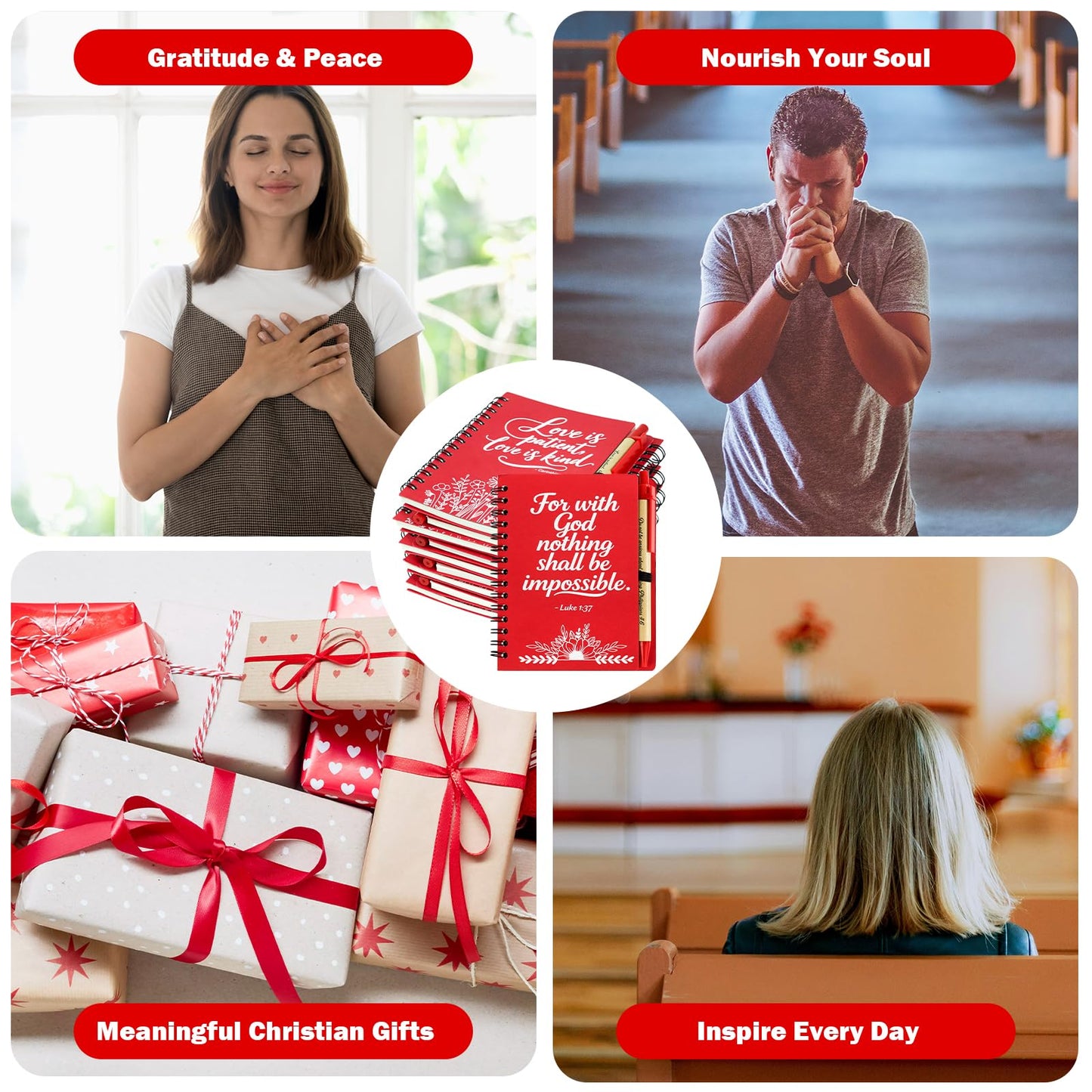 Succwoah 90 Pcs/30 Set Christian Gifts Bulk Prayer Journal Spiral Red Notebooks, Inspirational Notepad with Bible Verse Pen & Organza Bags, Perfect Religious Gifts for Men Women, Bible Study Groups, Church Members & Devotions