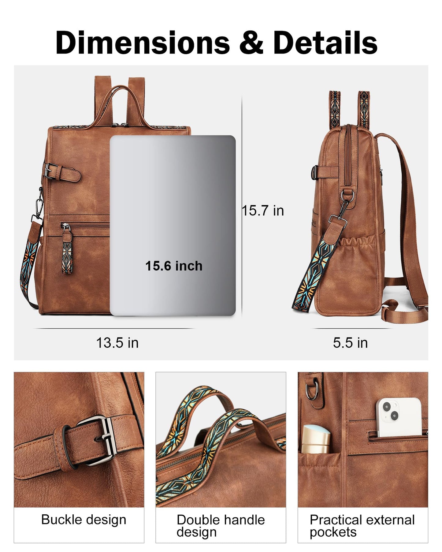 FADEON Leather Laptop Backpack for Women, Designer Ladies Work Travel Computer Backpack with Laptop Compartment Purse Brown