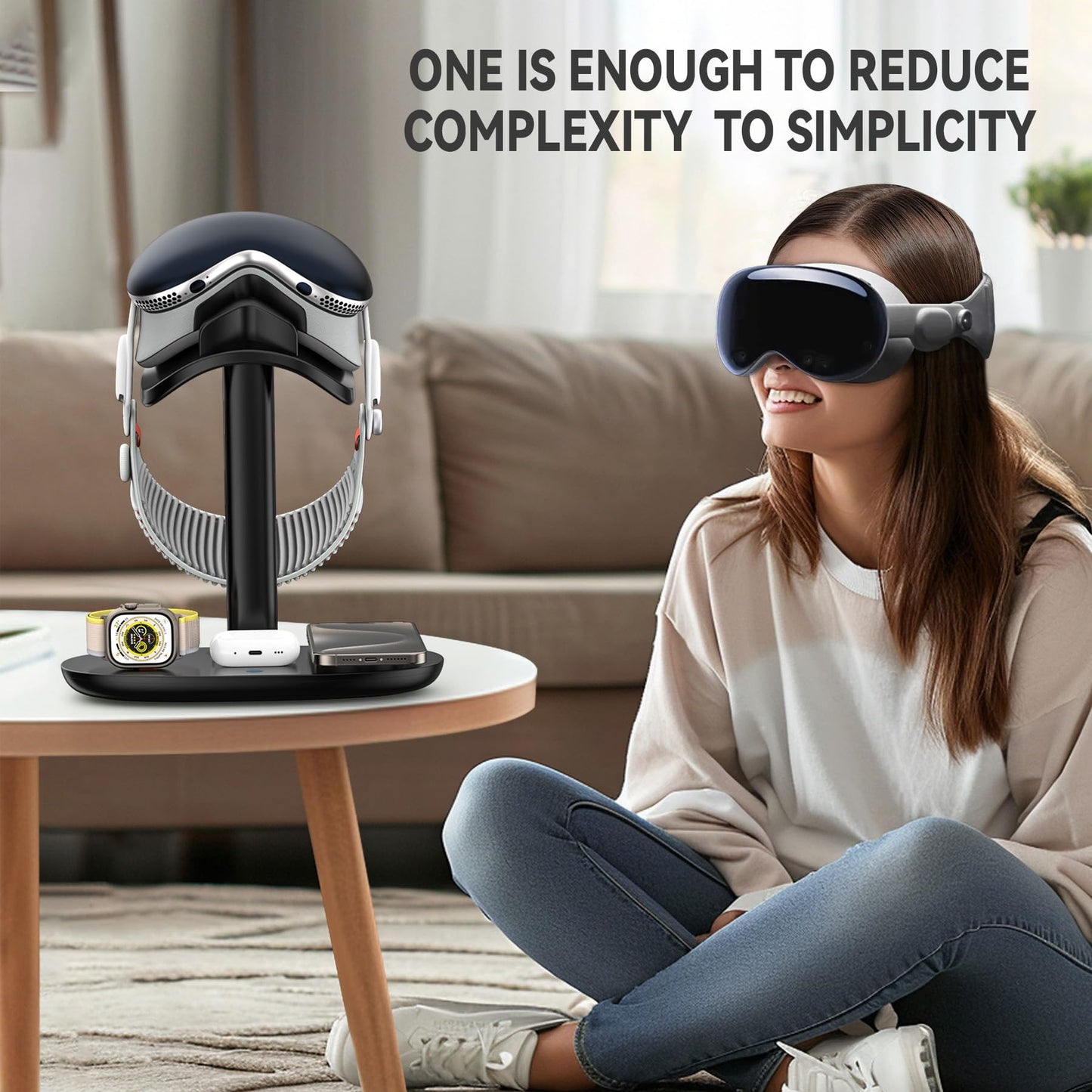 Stand for Apple Vision Pro with Wireless Charger, Suguder 4 in 1 Headphones Holder with Charging Station for AirPods Max/Pro/3/2 iWatch 10/9/8/7/6/5/4 iPhone 16/15/14/13/12 for Desktop Table Game