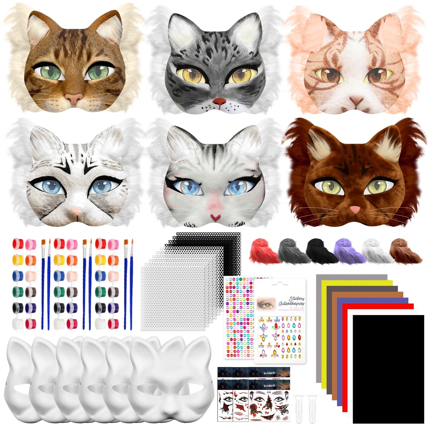 44 PCS Therian Mask Kit Halloween Cat Masks Arts Crafts Kit DIY Furry Masks to Paint Therian Tail Mask Making Kit with Halloween Stickers Gems Stickers Felt Fabric Sheet Fur Eye Mesh