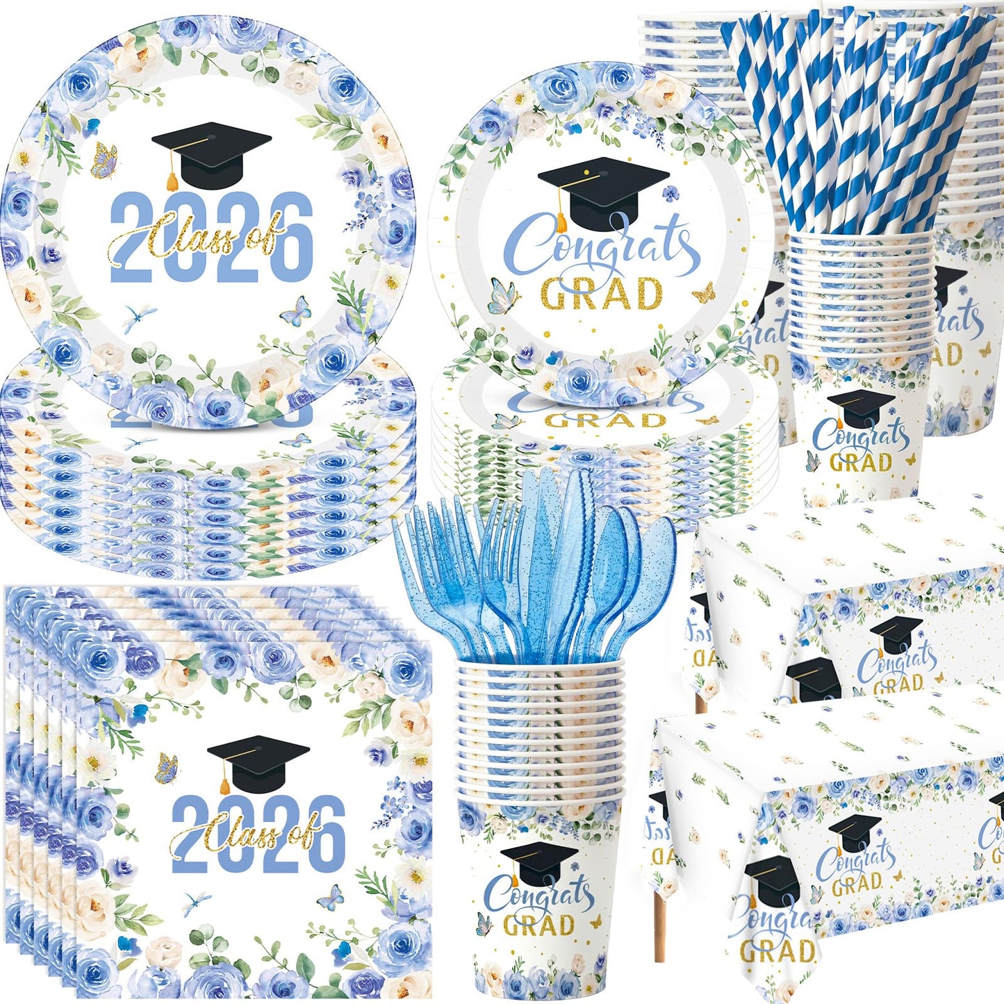 Funnymoom 452 Pcs Light Blue Floral Graduation Decoration for 50 Guests, Class of 2026 Blue Gold Graduation Paper Plates Napkins Cups Tablecloth Cutlery Straws for 2026 Congrats Grad Party Supplies
