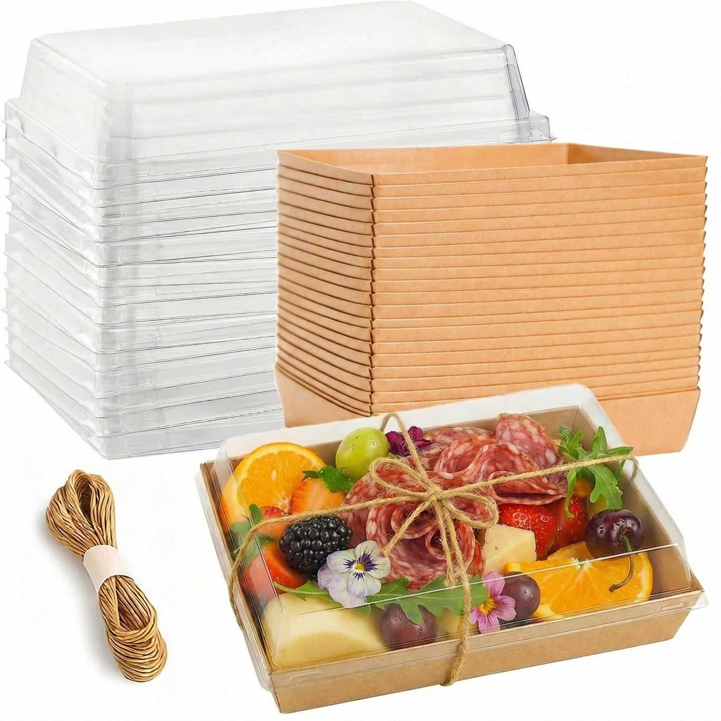 50 Pack 8x6 Inches Large Charcuterie Boxes with Clear Lids - Individual To Go Paper Mini Charcuterie Boards with Lid, Disposable Food Containers for Desserts, Cookie, Charcuterie Accessories (Brown)