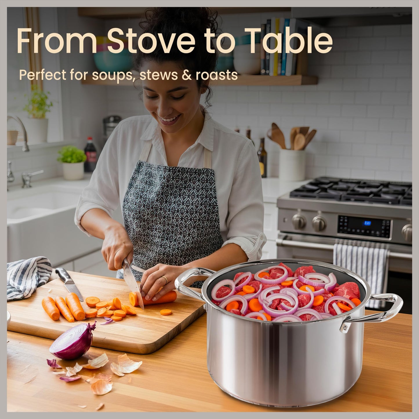 Stainless Steel Stockpot with Tempered Glass Lid 3 Quart, Durable 18/0 Stainless Steel, Impact-Bonded Base for Even Heating, Riveted Handles, Oven & All Stove Compatible, Safe Up To 500°F (260°C)