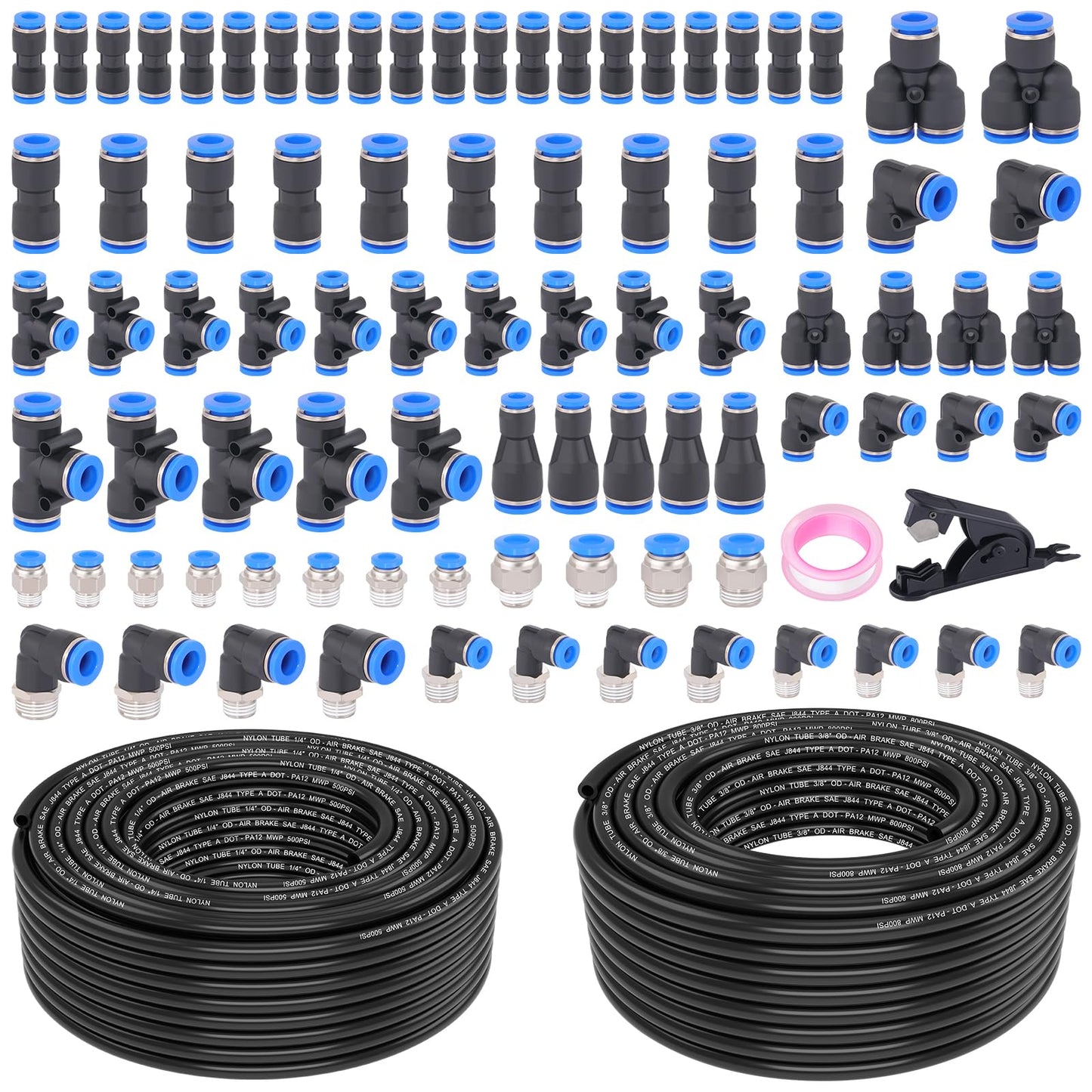 XaXmTee 90 Pcs DOT Air Line with Quick Connect Air Fittings Kit 2 Roll 100FT 1/4" and 3/8" DOT Air Lines Kit with 88 Pcs Push Lock Air Line Fittings Pneumatic Push to Connect Air Hose Fitting