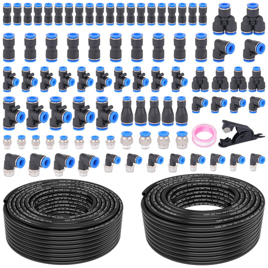 XaXmTee 90 Pcs DOT Air Line with Quick Connect Air Fittings Kit 2 Roll 100FT 1/4" and 3/8" DOT Air Lines Kit with 88 Pcs Push Lock Air Line Fittings Pneumatic Push to Connect Air Hose Fitting