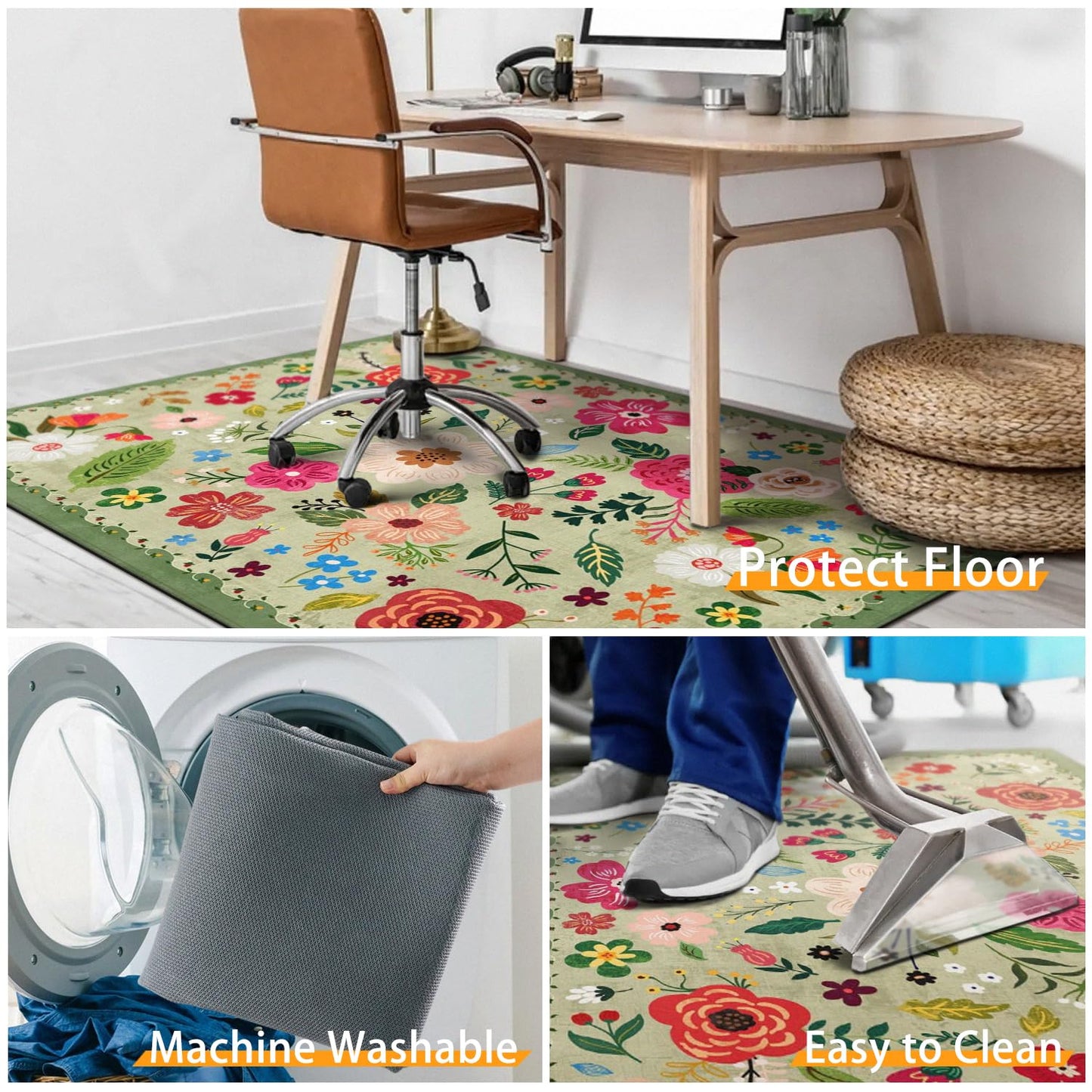 Office Chair Mat for Hardwood & Tile Floor,Boho Floral 36"x48" Office Computer Chair Mat for Rolling Chairs,Under Desk Non Slip Gaming Rug,Rubber Backing Large Low-Pile Carpet Protector Mat(Green)