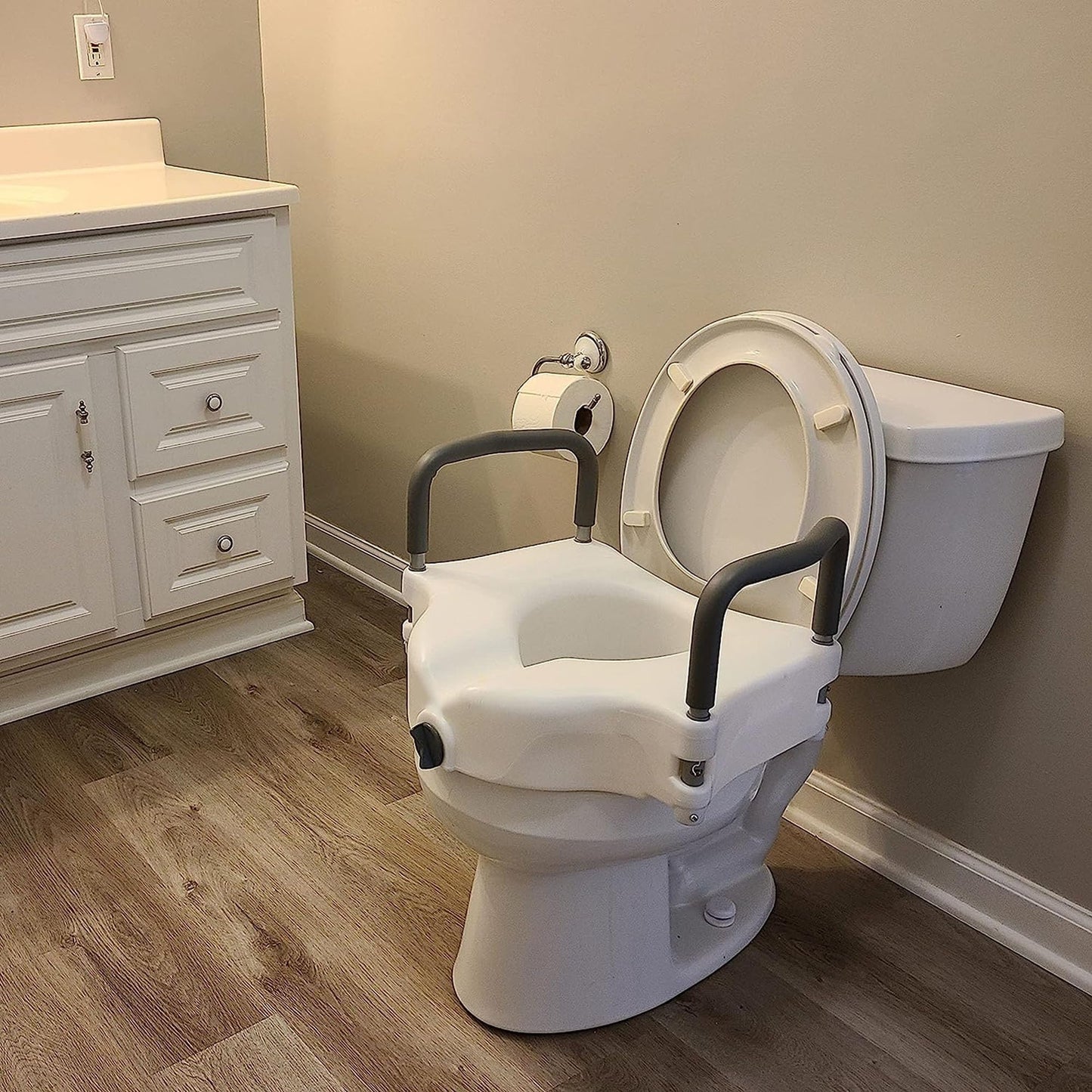 ProBasics E-Z Lock Raised Toilet Seat with Handles, 4.5" Toilet Seat Riser with Arms, Fits Most Elongated and Round Toilets, Handicap Toilet Seat, Elevated Toilet Seat, Handicap Toilet Seat - White