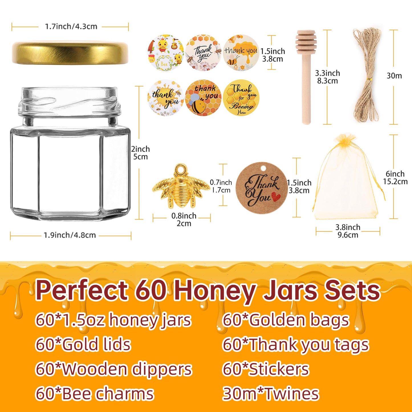 60 Pack Mini Glass Honey Jars Party Favors,1.5 oz Small Hexagon Glass Honey Jars with Dippers,Lids,Gold Bags,Bee Charms,Thank You Cards,Jute,Cute Stickers for Baby Shower Favors,Wedding party gift