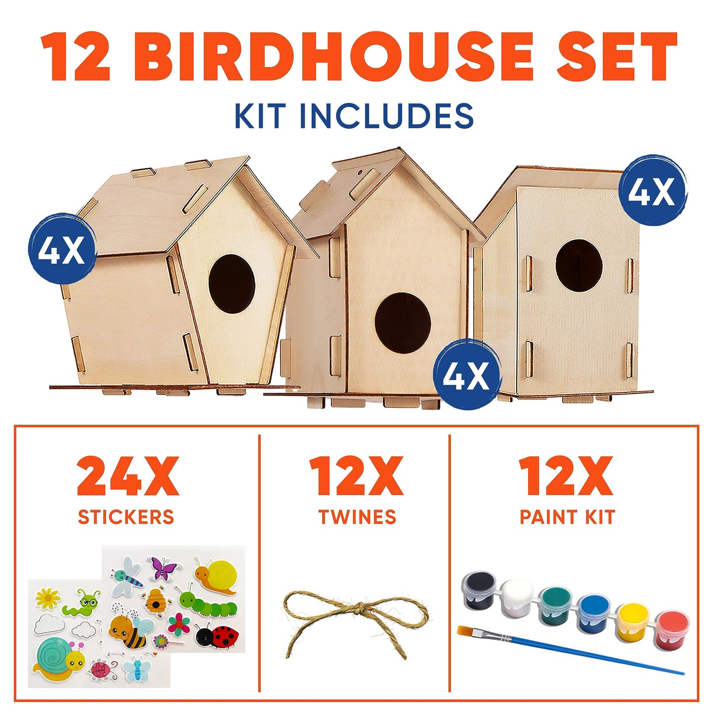 12 DIY Bird House Kits For Children to Build - Wood Birdhouse Kits for Kids to Paint - Unfinished Wood Bird Houses to Paint for Kids - Wood Craft Project Kits - Wooden Arts & Craft for Girls & Boys
