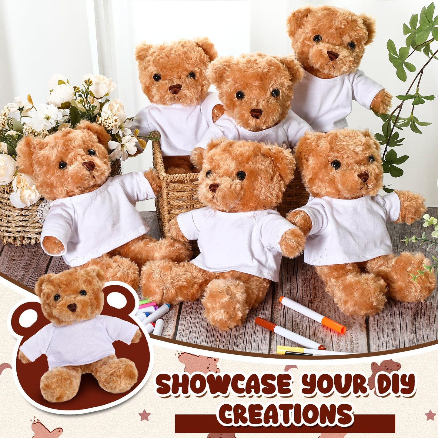 Blueweenly 40 Pcs Make Your Own Stuffed Bear Gift Kit 10 Pcs 9.84 Inches Rose Velvet Bear 10 White T Shirt 10 Set 12 Color Watercolor Pen 10 Paper Card DIY