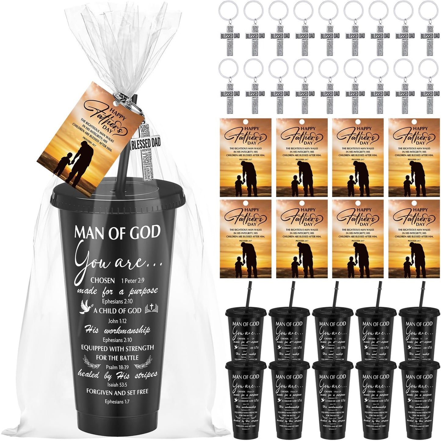Skylety 24 Sets Father's Day Cup Gift Set Inspirational Christian Gift Bible Verse Tumbler Bulk Cups with Lids and Straws 24 oz Plastic Tumbler Religious Plastic Cup for Church Party Favor