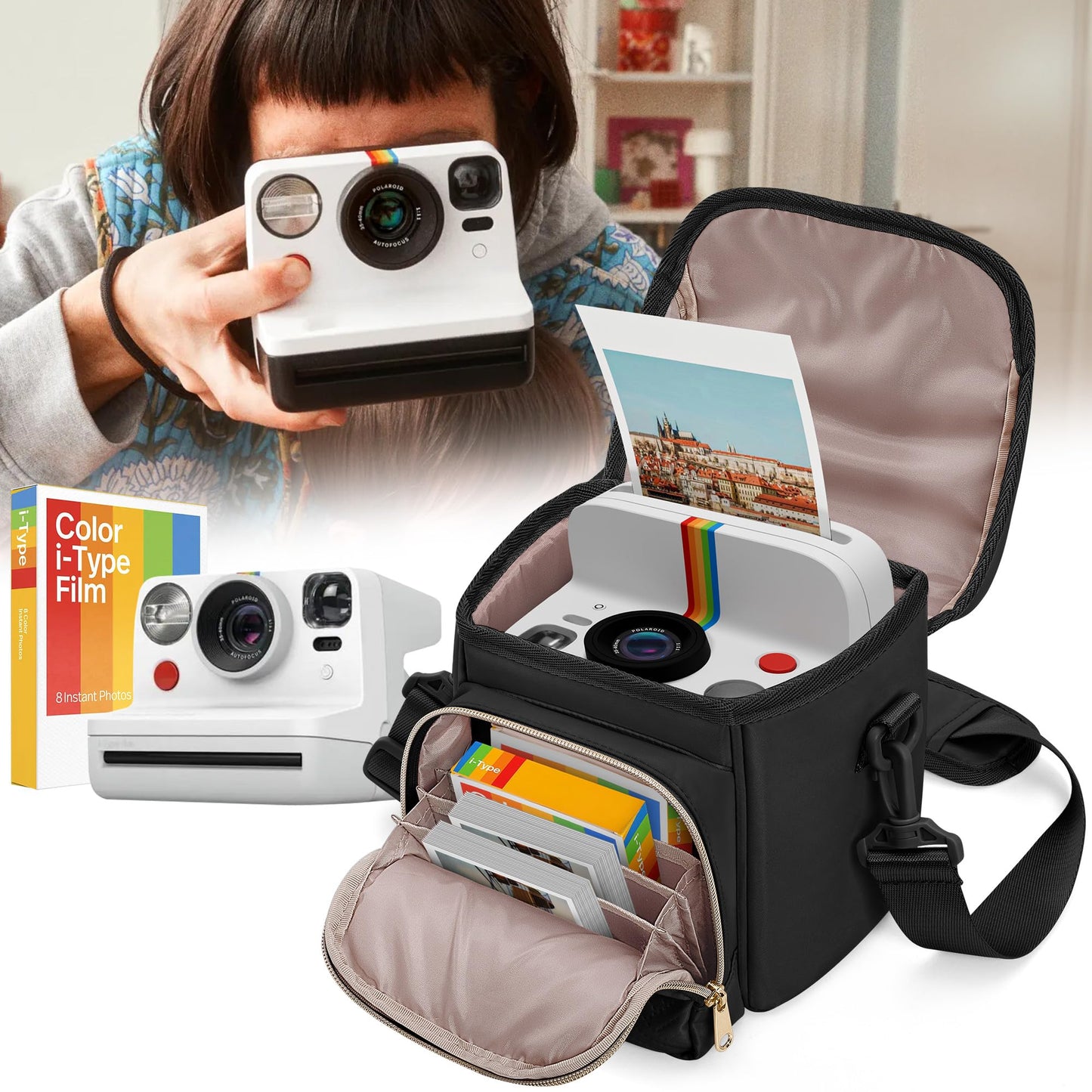 Prokva Camera Sling Bag Compatible with Polaroid Now 2nd Generation I-Type, Now+ 2nd Gen I-Type, Now, Now+, OneStep Instant Camera, Camera Crossbody Bag with Adjustable Strap, Black(Empty Bag)