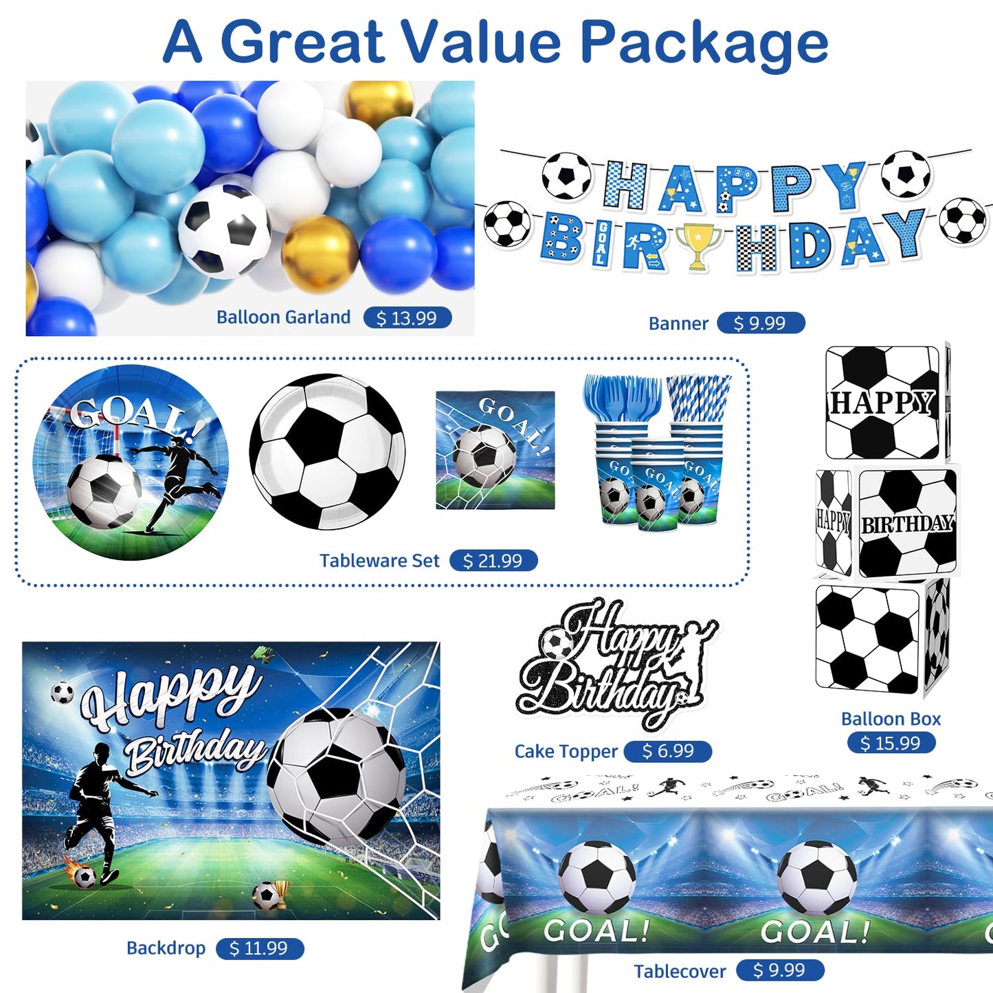 Soccer Birthday Party Decorations, All-in-1 Supplies Pack, Includes Plates and Napkins, Backdrop, Tablecloth, Balloon Kit for Blue Soccer Theme Party Decorations