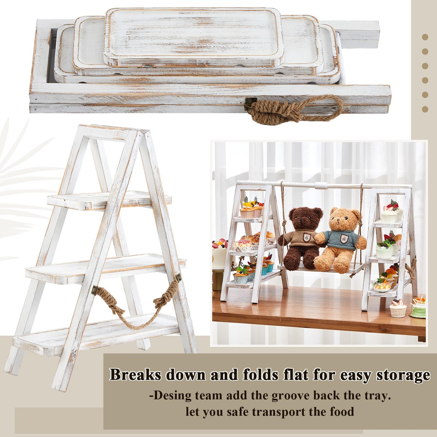 Wooden 3 Tier Swing Cupcake Stand with Serving Platter 20x30 Foldable Ladder Stand Dessert Display Cake Snack Fruit Bread Centerpieces for Party, Birthday, Wedding, Baby Shower(Rustic White)