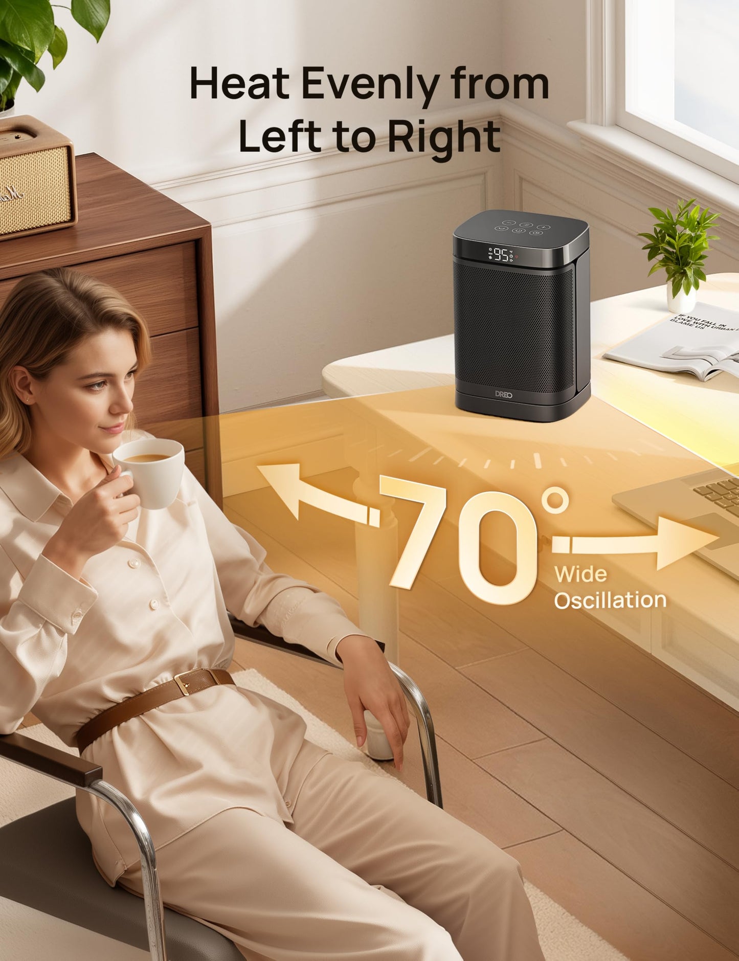 DREO Space Heater, 1500W Portable Electric Heaters for Indoor Use, PTC Ceramic Heater for Office with Remote, Thermostat, 70°Oscillation, 12H Timer, 5 Modes, Safe Quiet Room Heater for Bedroom