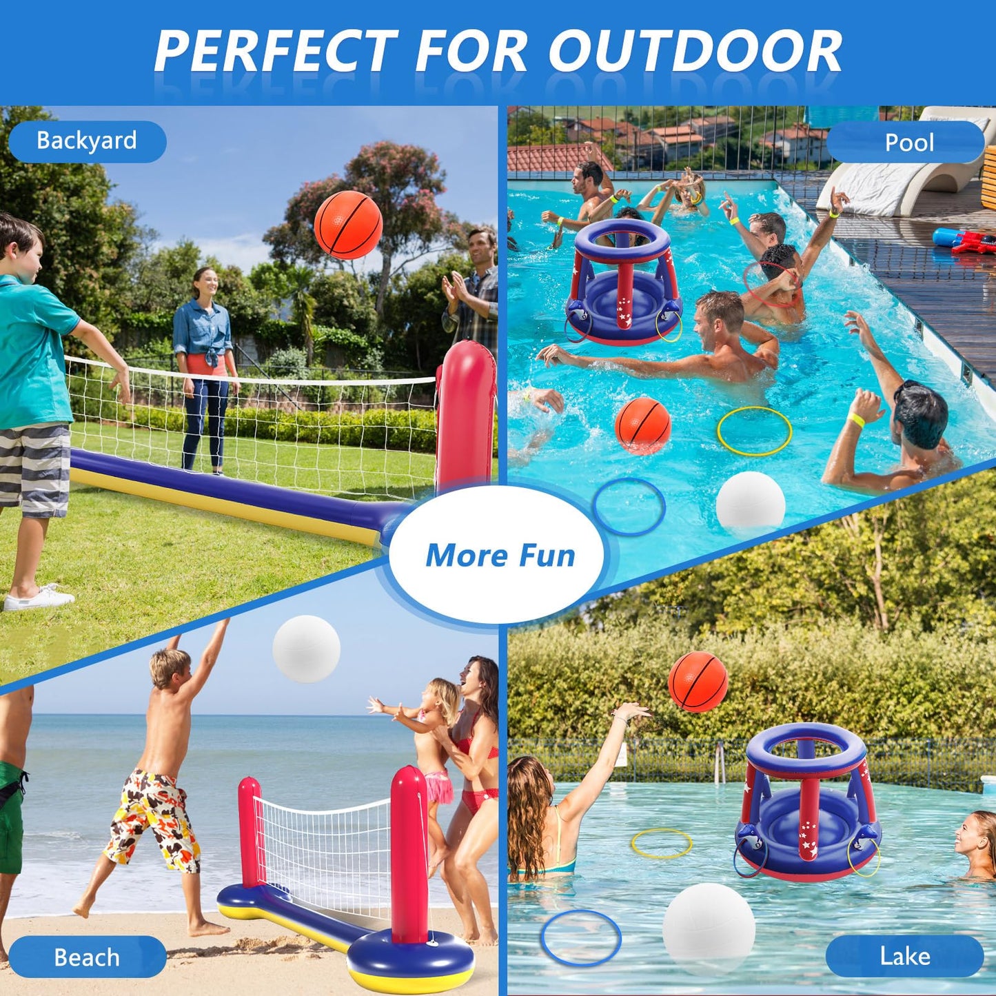 Jasonwell Pool Toys Games Set - 3 in 1 Pool Volleyball Net Basketball Hoop Ring Toss Game Inflatable Floats Water Floating Volleyball Swimming Pools Games Party Gift for Kids Adults (Red&Blue, L)