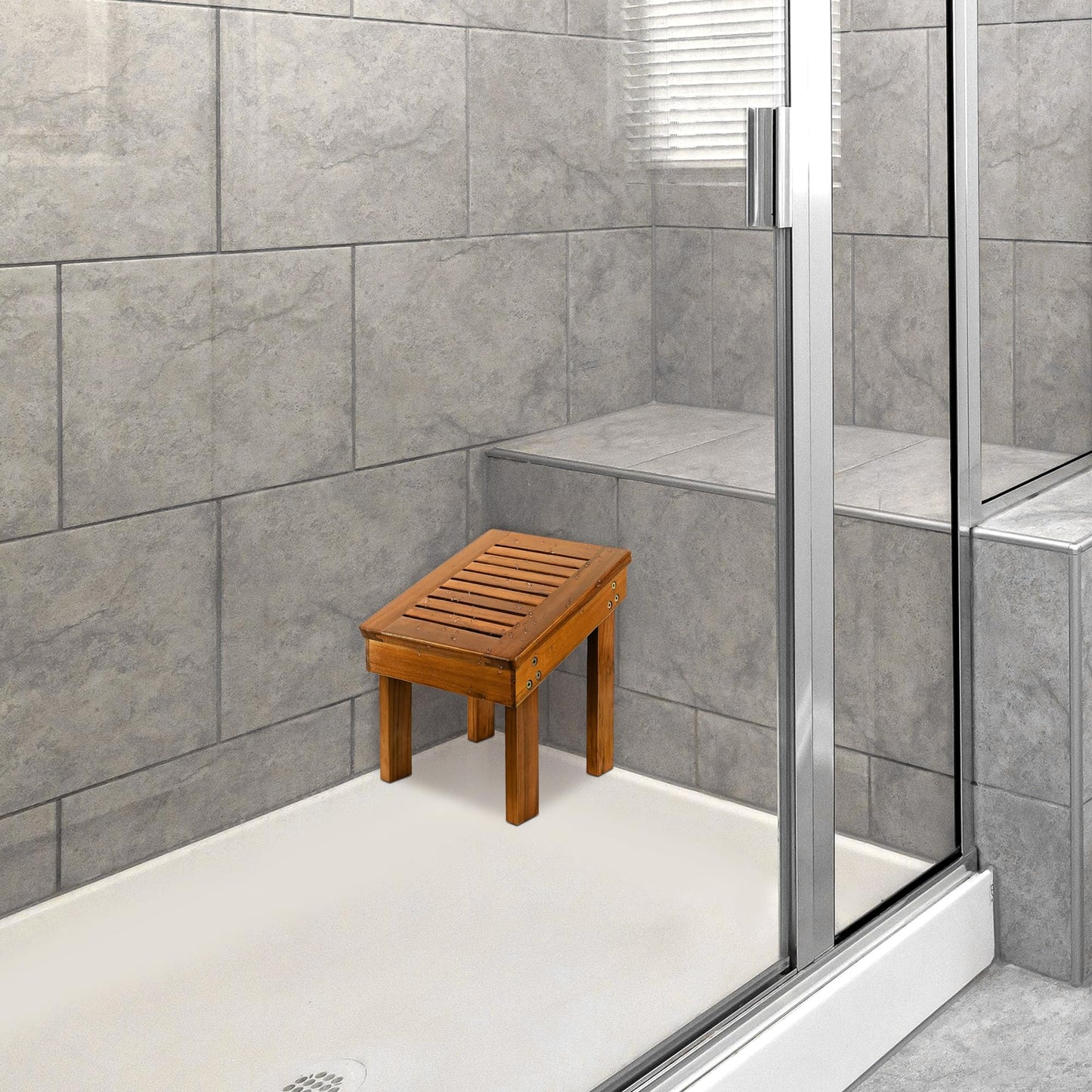 Utoplike Teak Shower Stool for Shaving Legs, Shower Foot Rest for Inside Shower, Sturdy Wooden Corner Shower Step for Bathroom